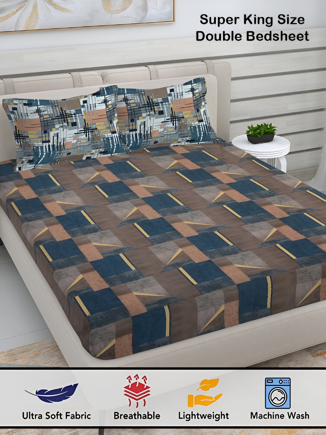 

FABINALIV Brown & Blue Geometric Print 300 TC Super King Size Bedsheet & 2 Pillow Covers