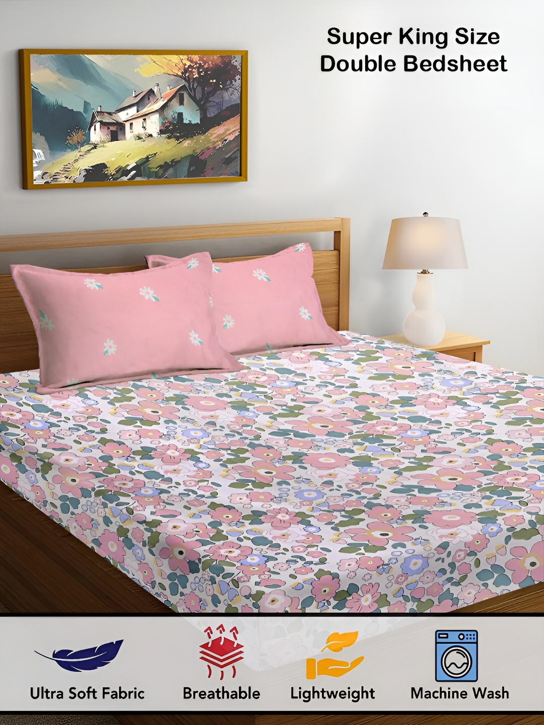 

FABINALIV White & Pink Floral Print 300 TC Super King Size Bedsheet with 2 Pillow Covers