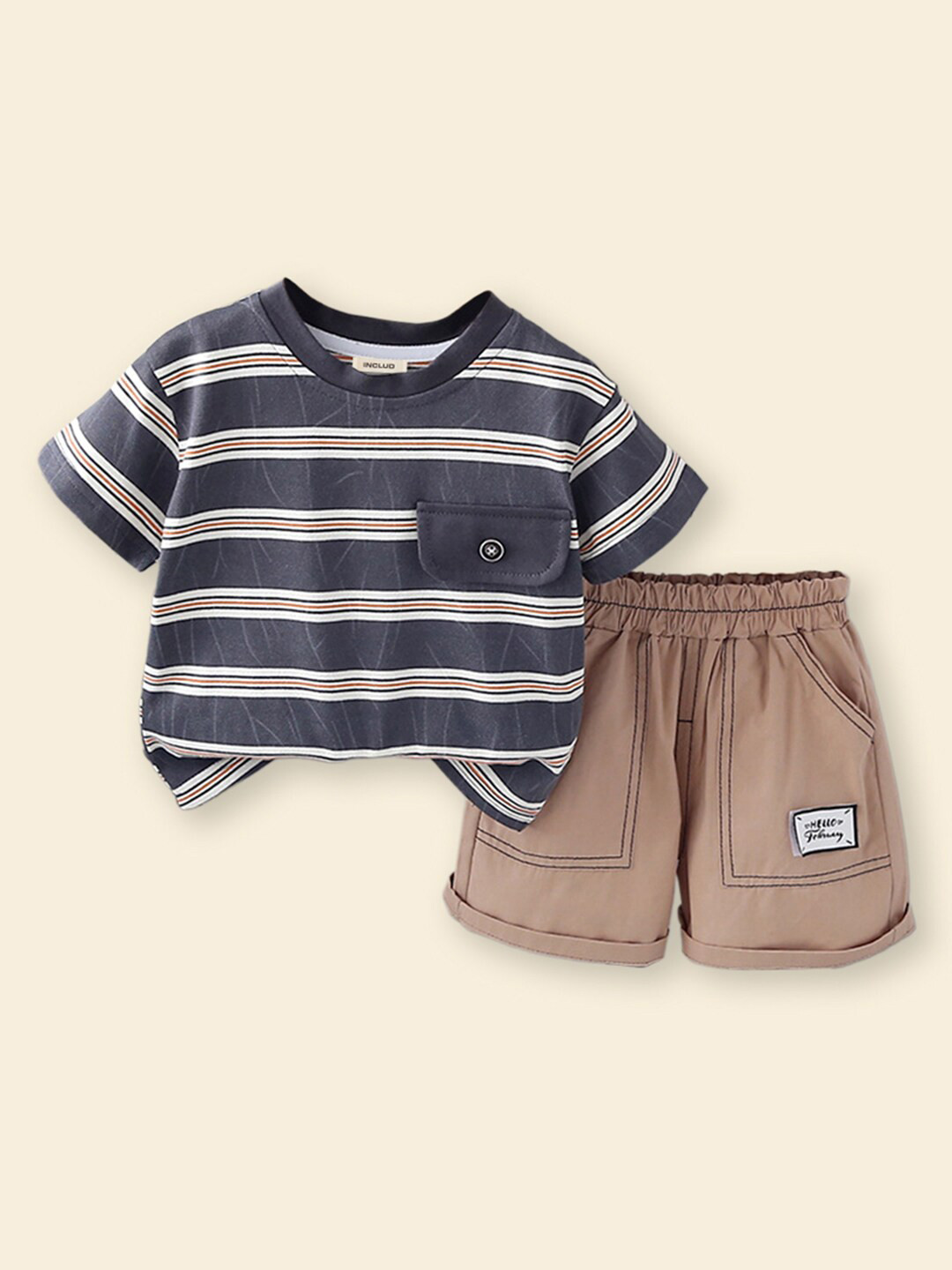 

INCLUD Boys Striped Round Neck T-shirt with Shorts, Grey