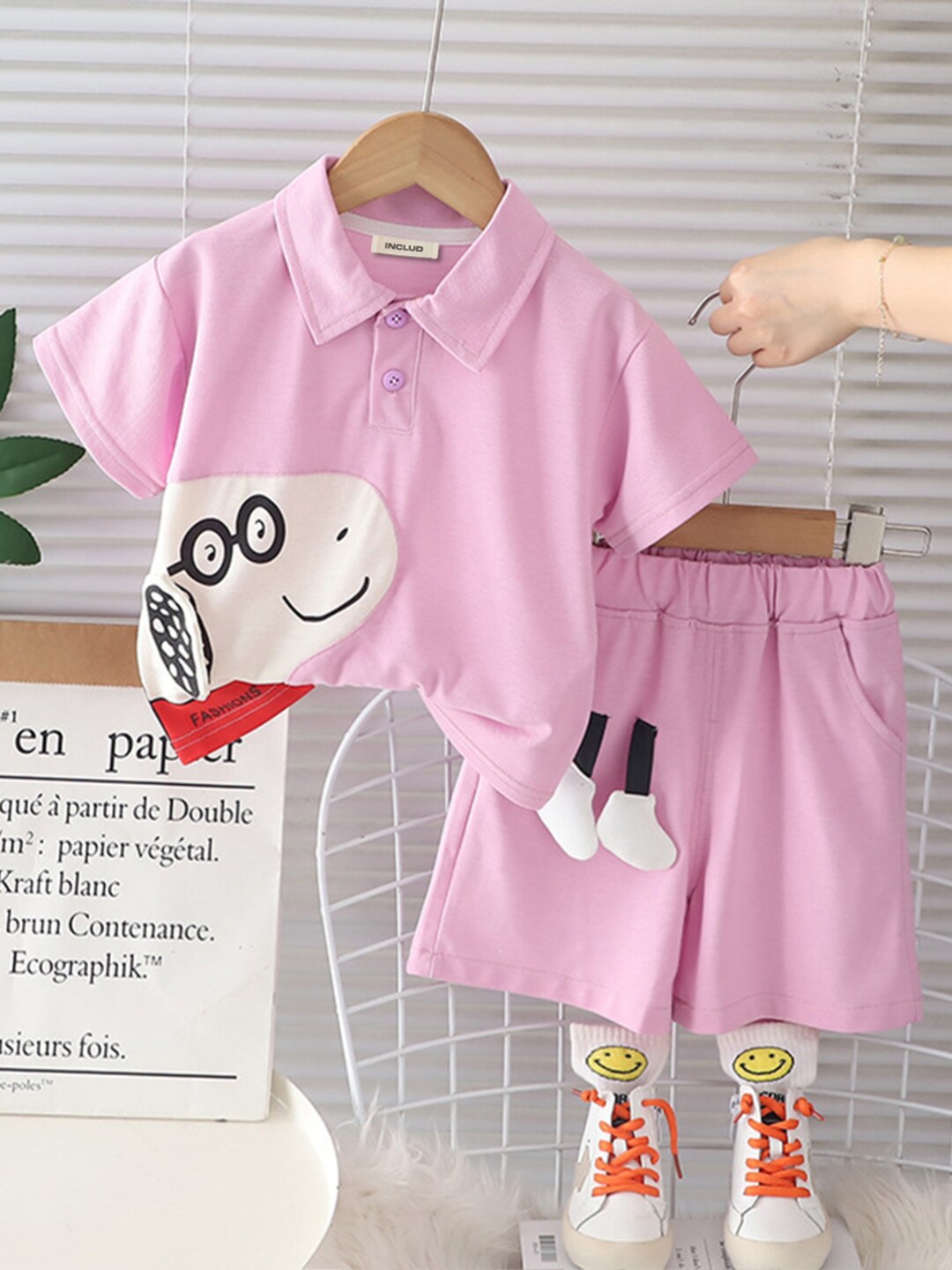 

INCLUD Girls Snoopy Printed Polo Collar T-shirt & Shorts Set, Pink