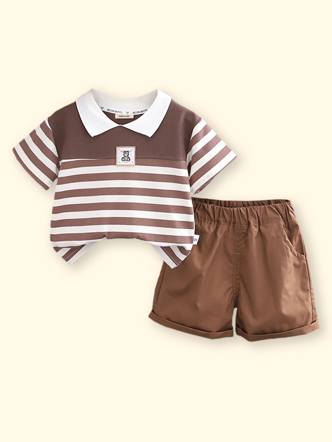 

INCLUD Boys Striped Shirt Collar Short Sleeves T-shirt with Short, Brown