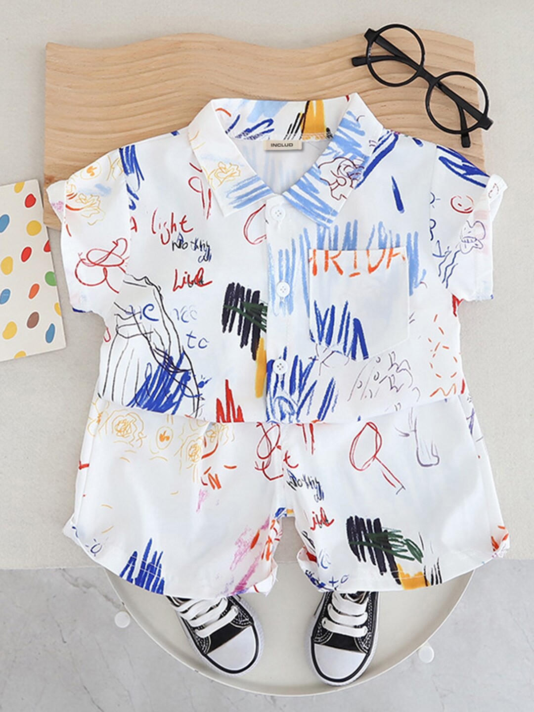 

INCLUD Boys Printed Shirt Collar Short Sleeves Shirt With Short, White