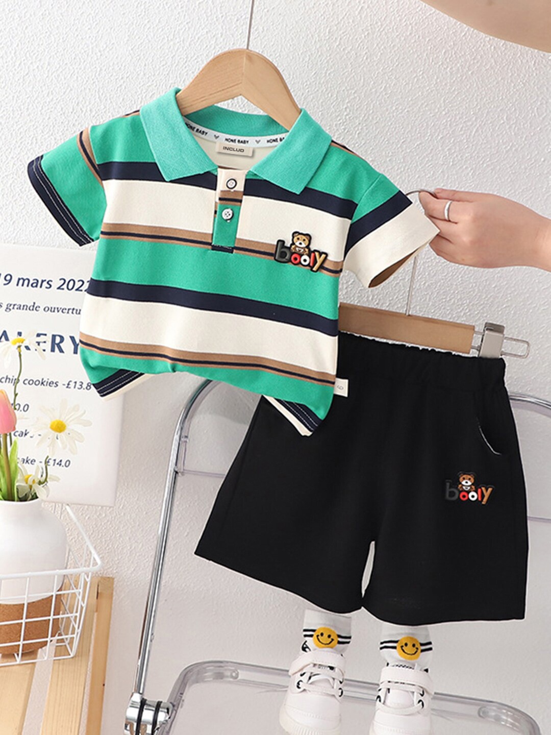 

INCLUD Boys Polo Collar Short Sleeves Striped T-shirt with Shorts, Green