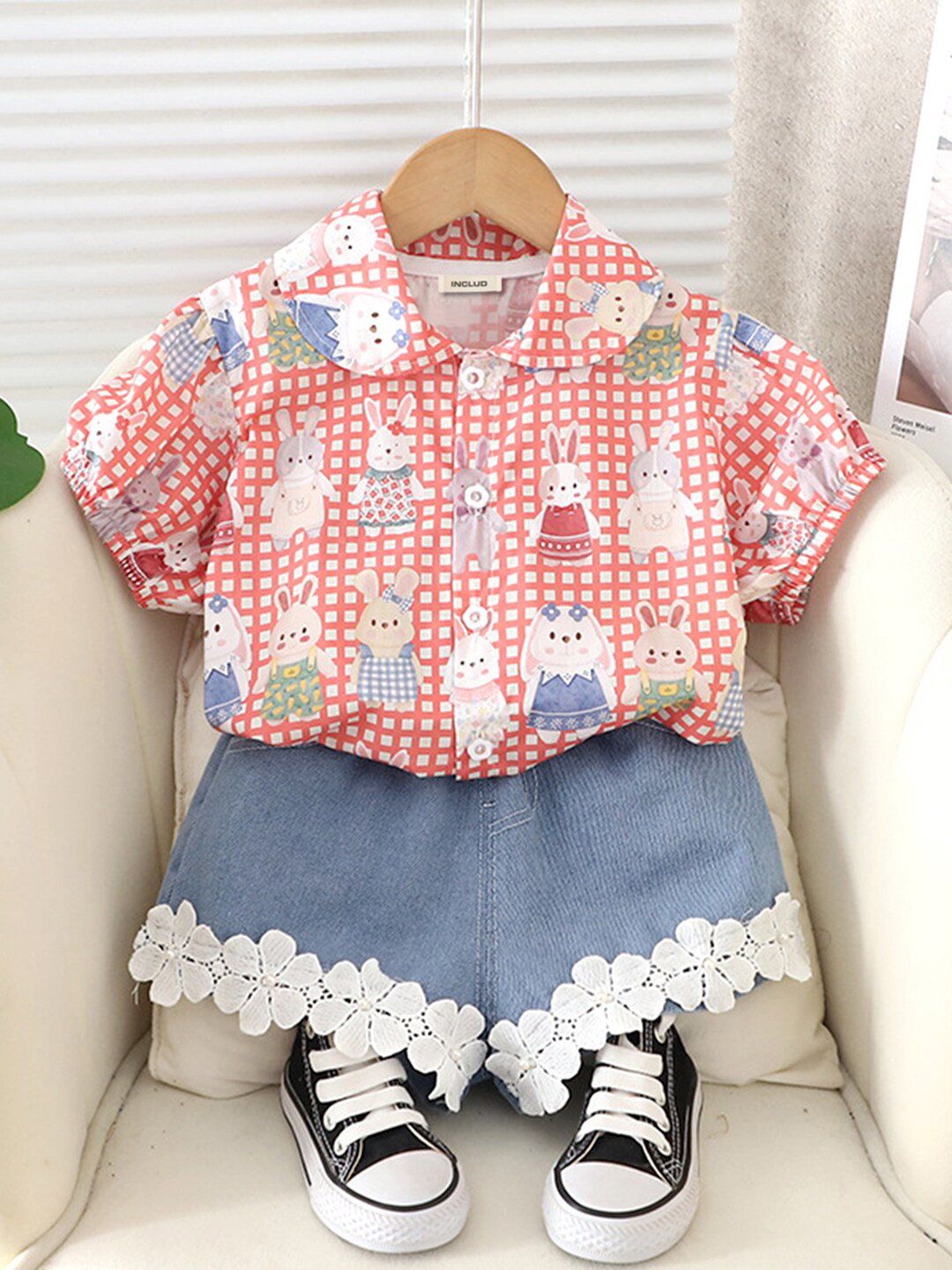 

INCLUD Girls Printed Short Sleeves Shirt With Shorts, Red