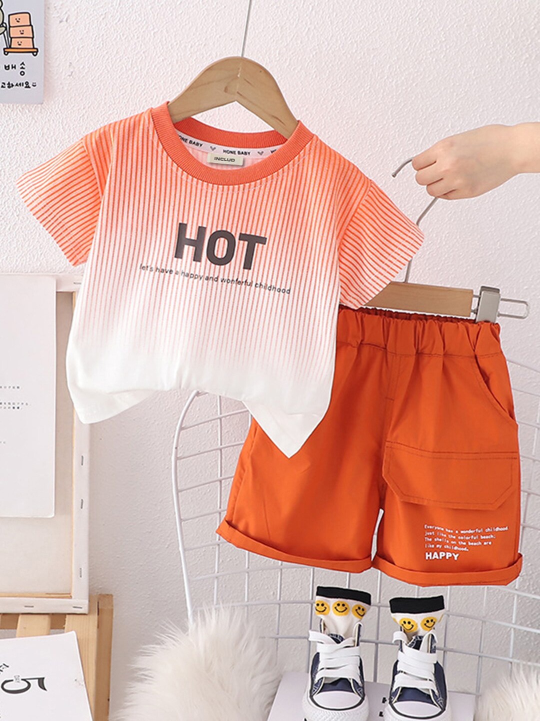 

INCLUD Boys Dyed Round Neck T-shirt with Shorts, Orange