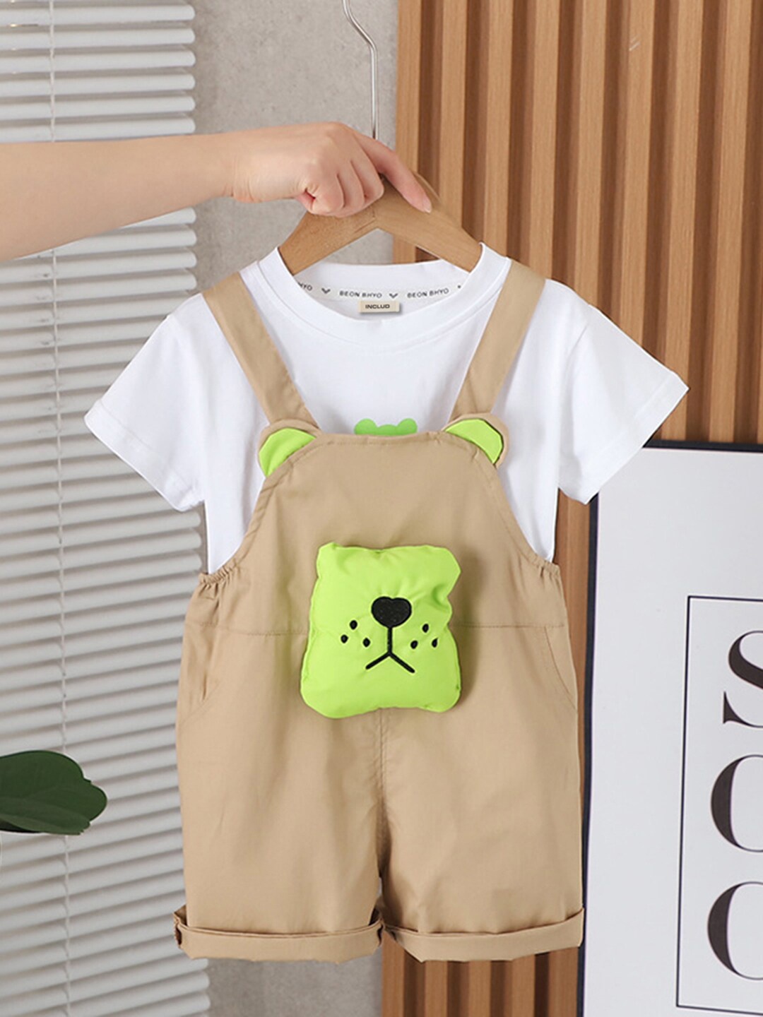 

INCLUD Boys Slim Fit Graphic Printed T-shirt with Dungarees, Khaki