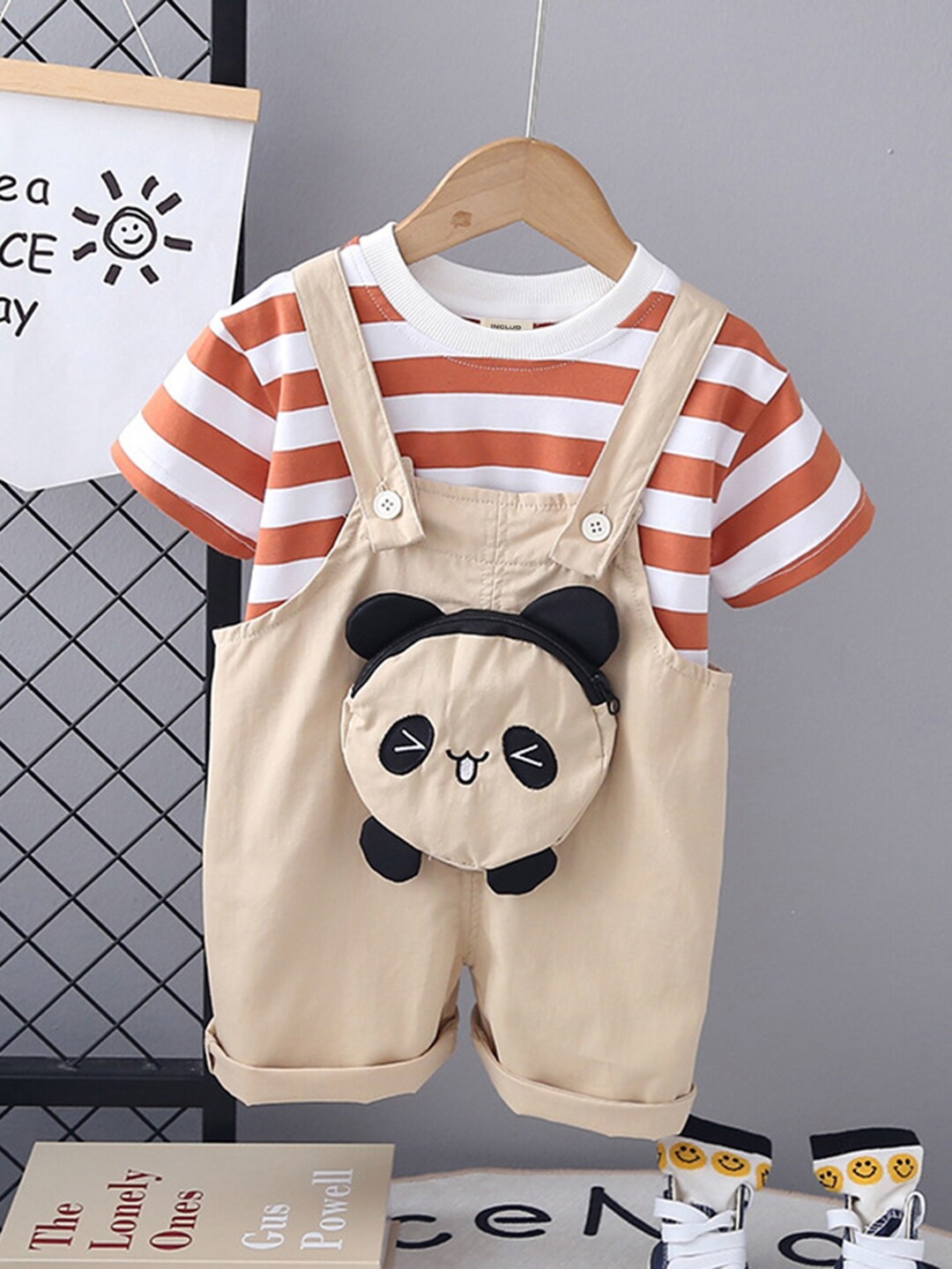 

INCLUD Boys Striped T-shirt with Dungaree Set, Khaki