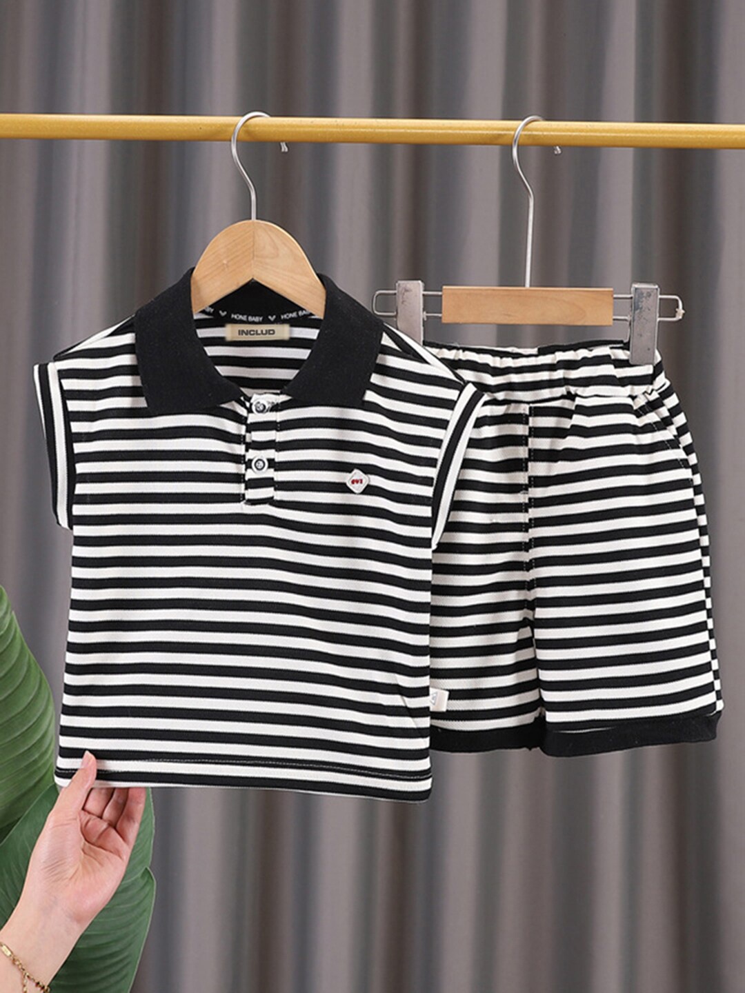 

INCLUD Boys Shirt Collar Striped T-shirt with Shorts, Black