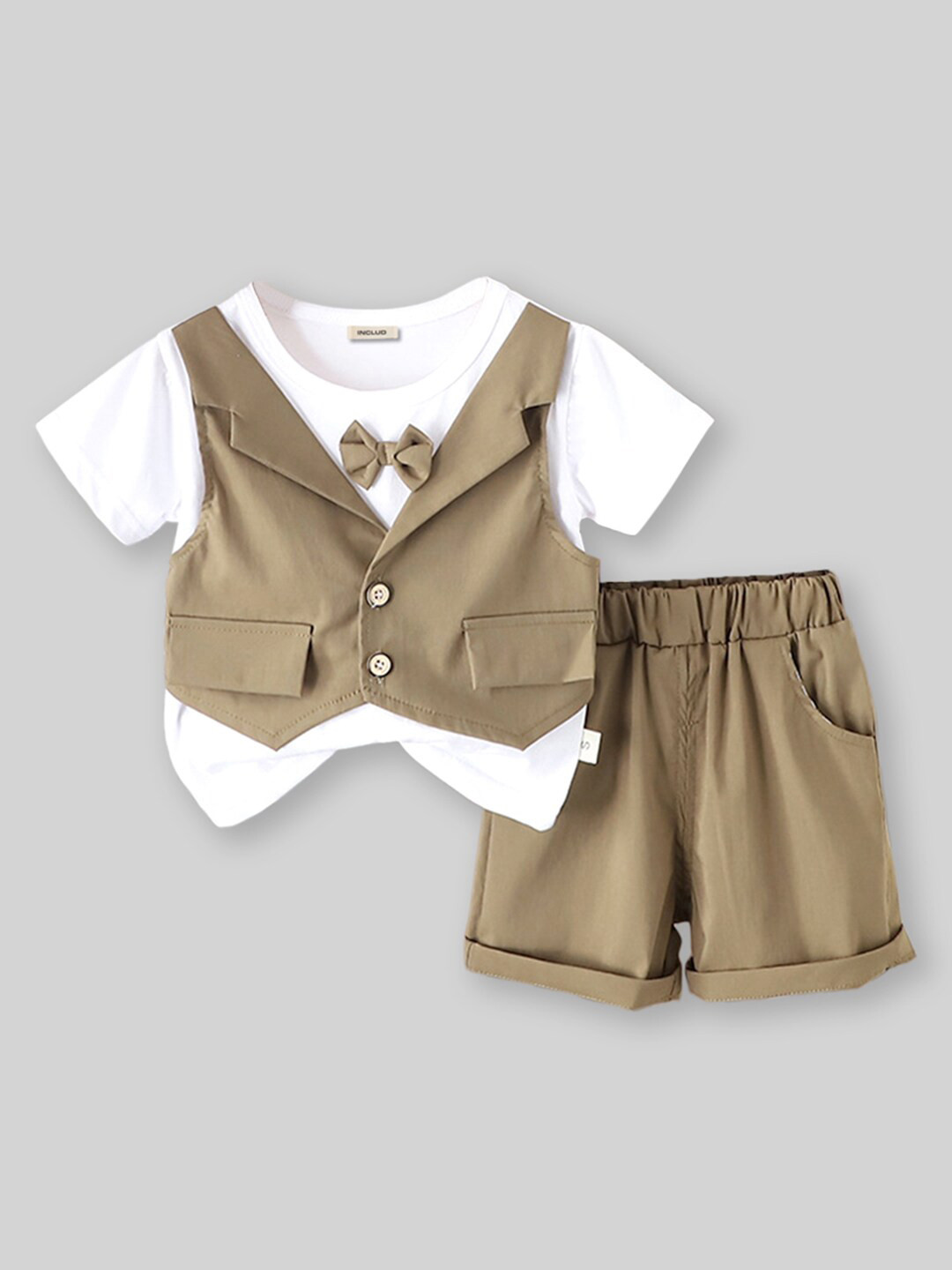 

INCLUD Boys Short Sleeves Round Neck Cotton T-shirt with Shorts, Khaki
