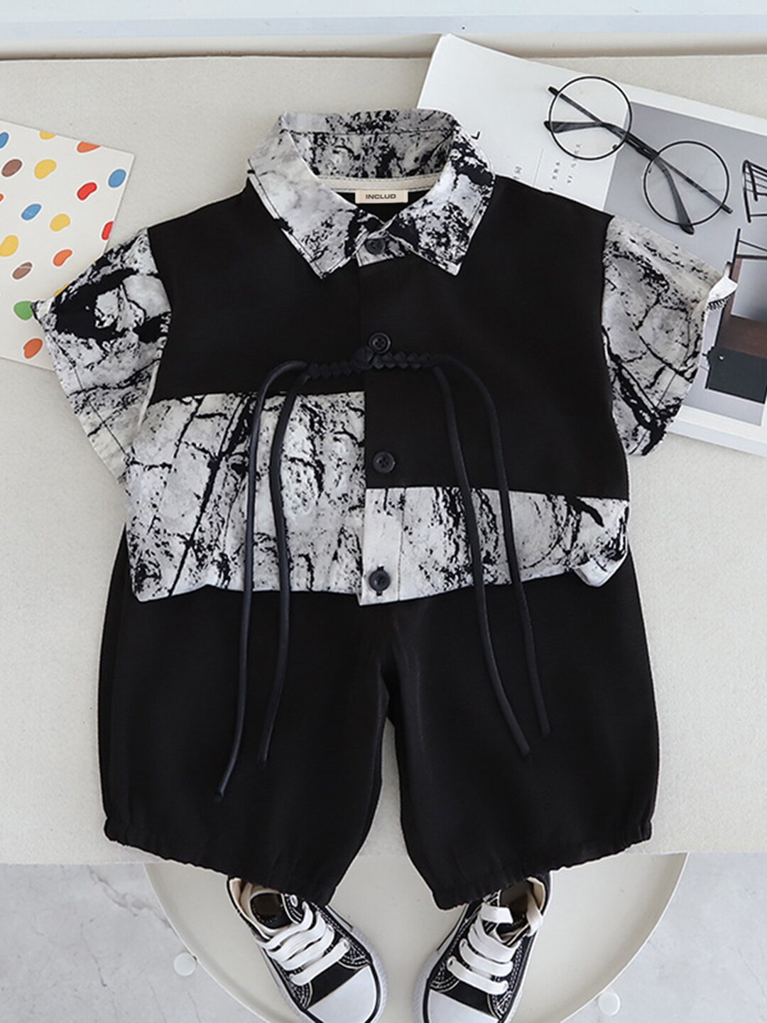 

INCLUD Boys Printed Shirt Collar Shirt With Short, Black