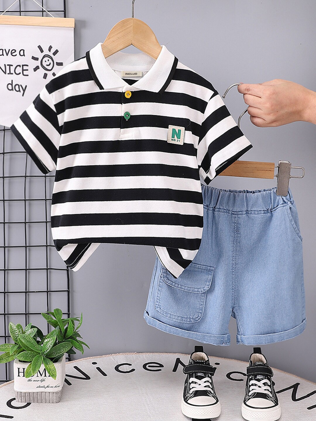 

INCLUD Boys Striped Shirt Collar T-shirt with Shorts, Black