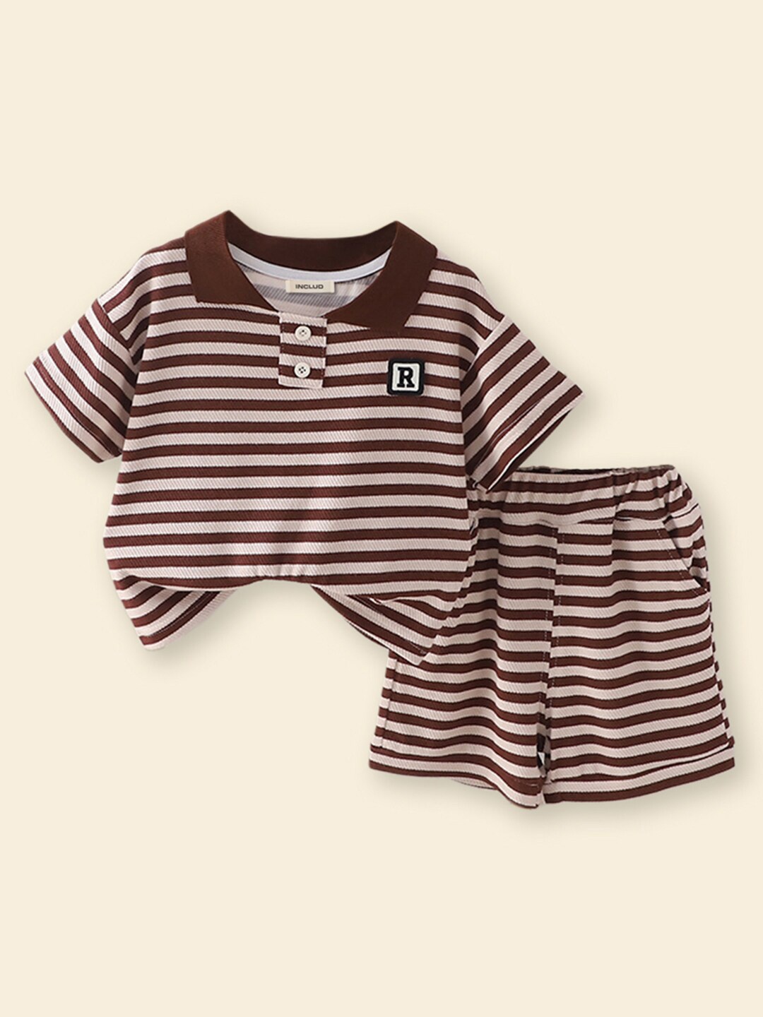 

INCLUD Boys Shirt Collar Striped T-shirt with Shorts, Brown