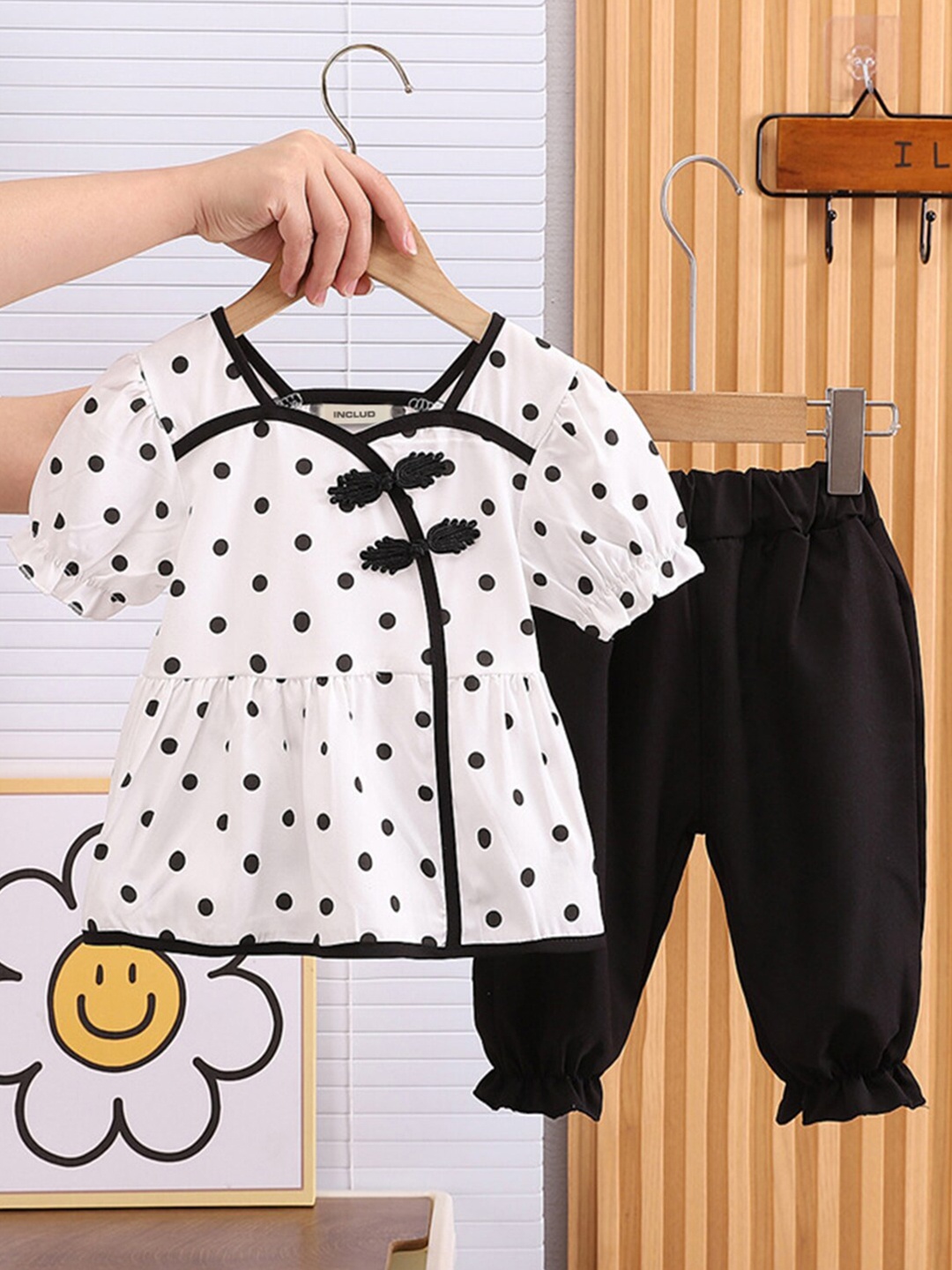 

INCLUD Girls Polka Dot Printed Top With Trouser, Black