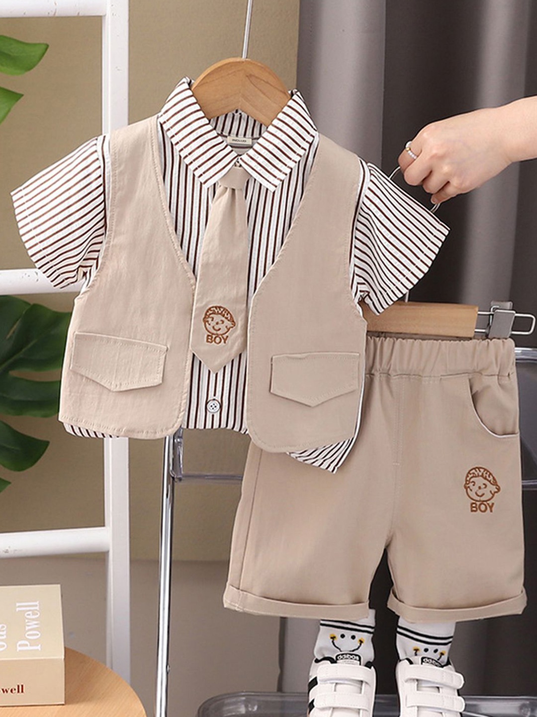 

INCLUD Boys Striped Shirt with Shorts, Khaki