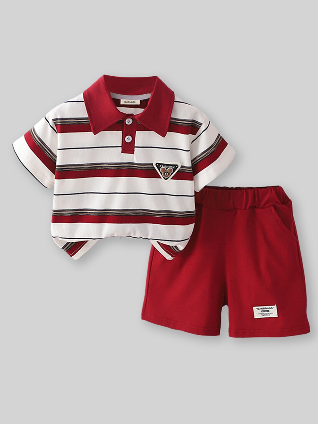 

INCLUD Boys Striped Polo Collar T-shirt With Short, Red