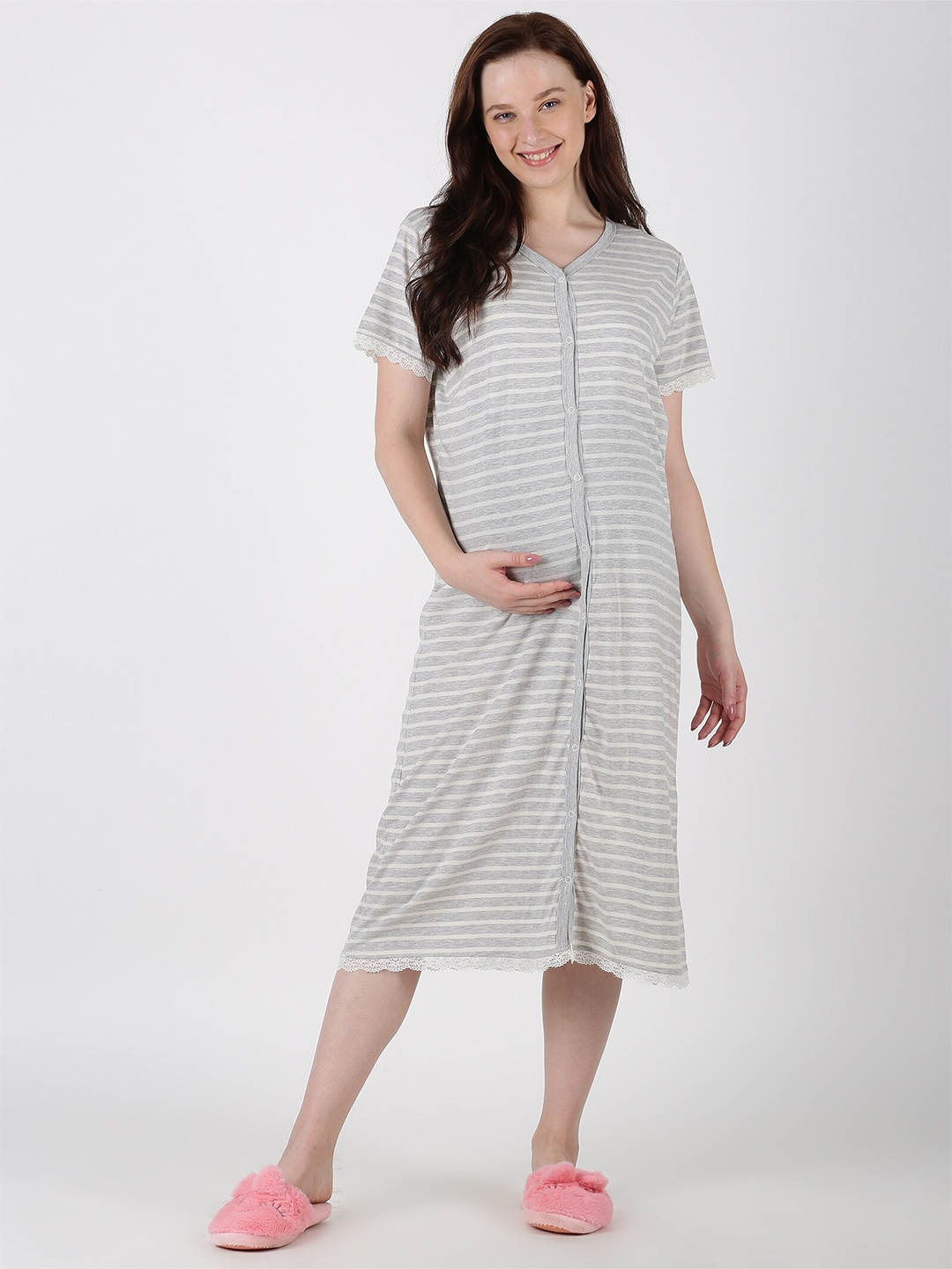 

PURPLE FLAUNT Striped Maternity Midi Nightdress, Grey