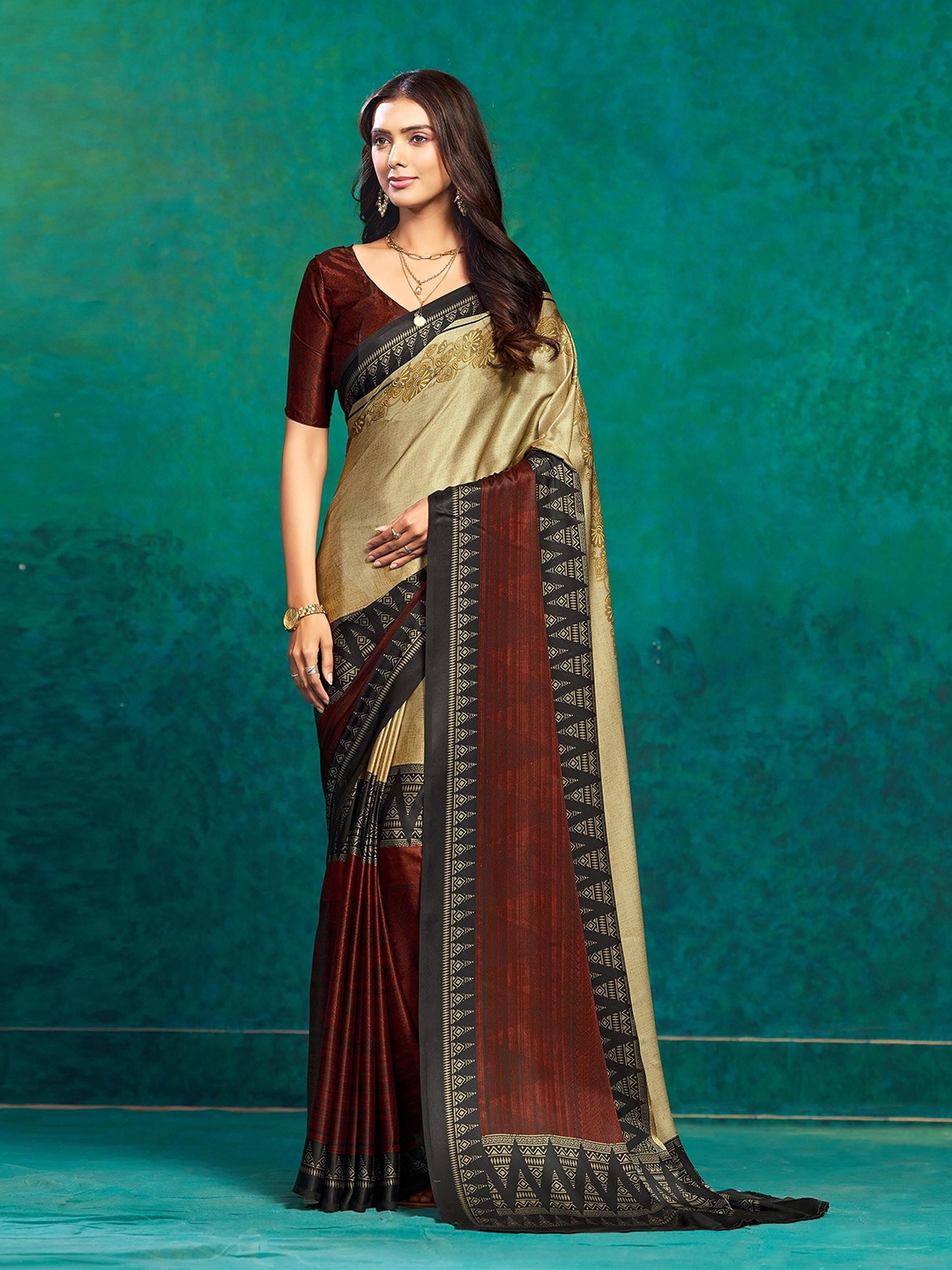 

RACHNA Ethnic Motifs Satin Chettinad Saree, Beige