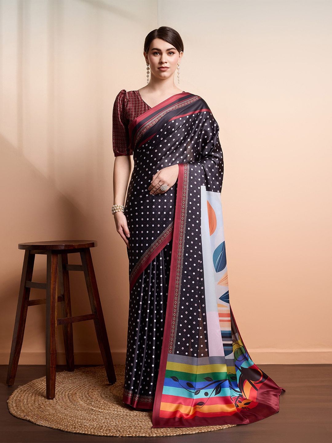 

RACHNA Polka Dot Block Print Satin Saree, Black