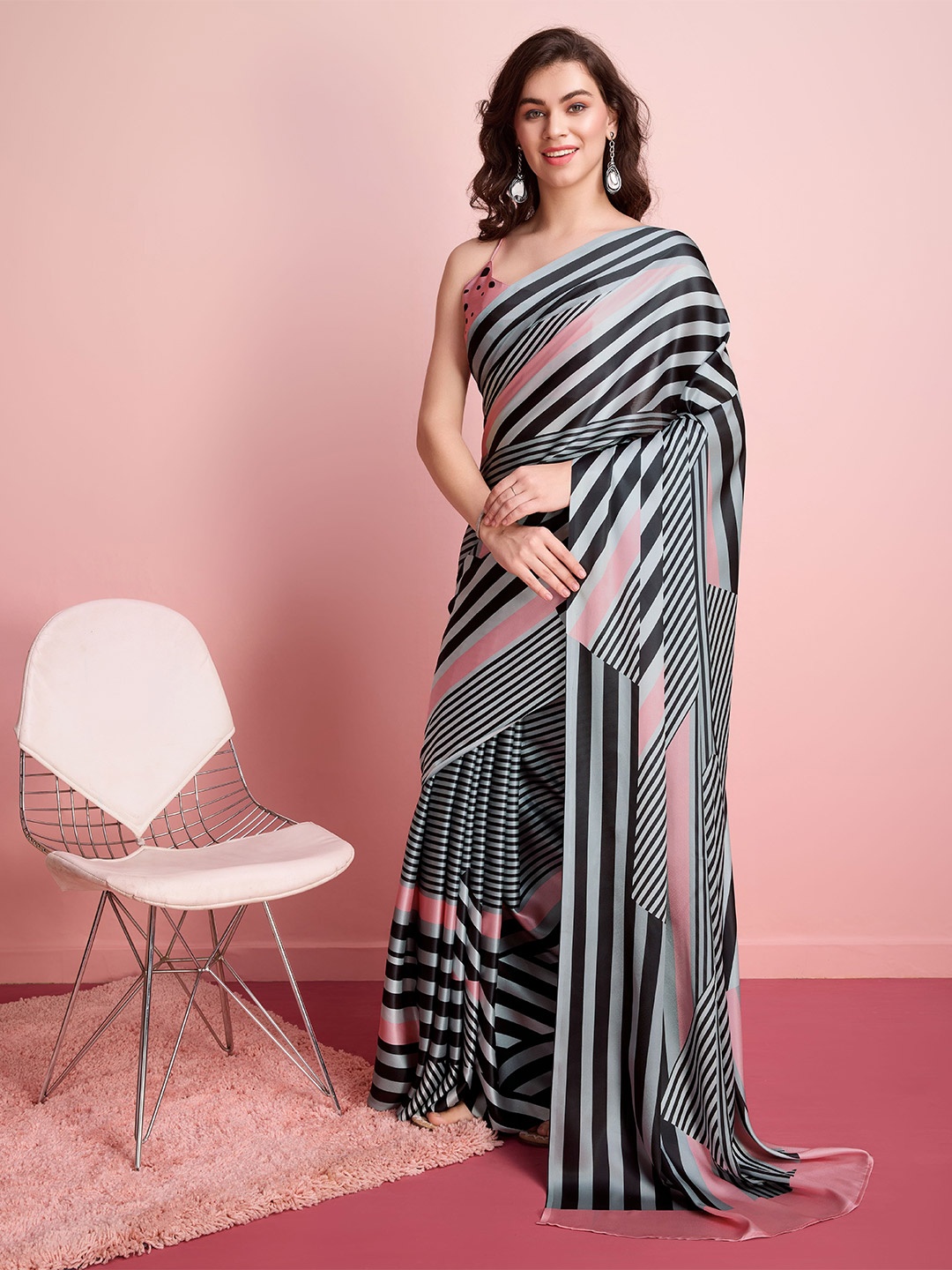 

RACHNA Striped Printed Satin Saree, Grey