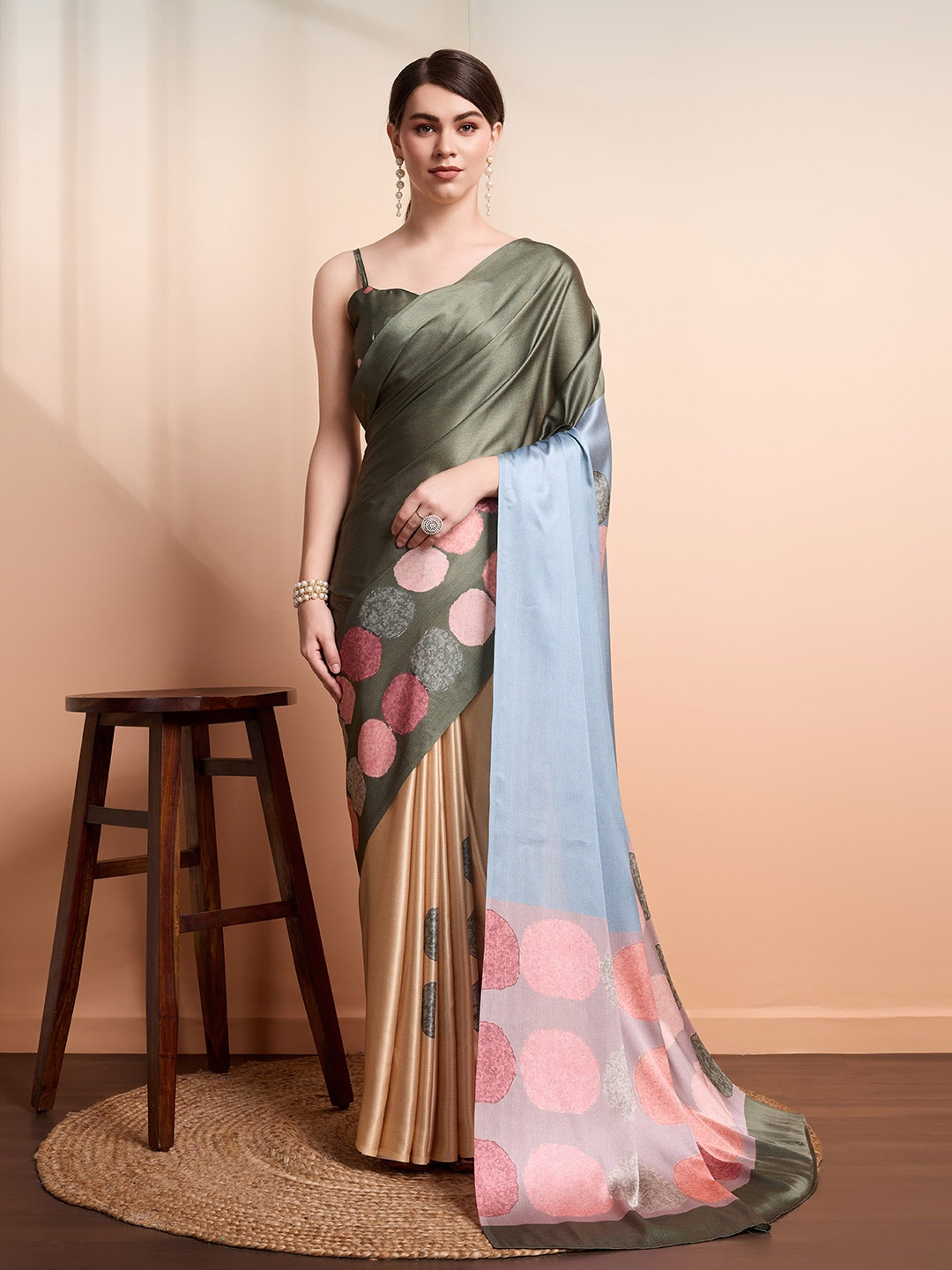 

RACHNA Polka Prints Satin Saree, Green