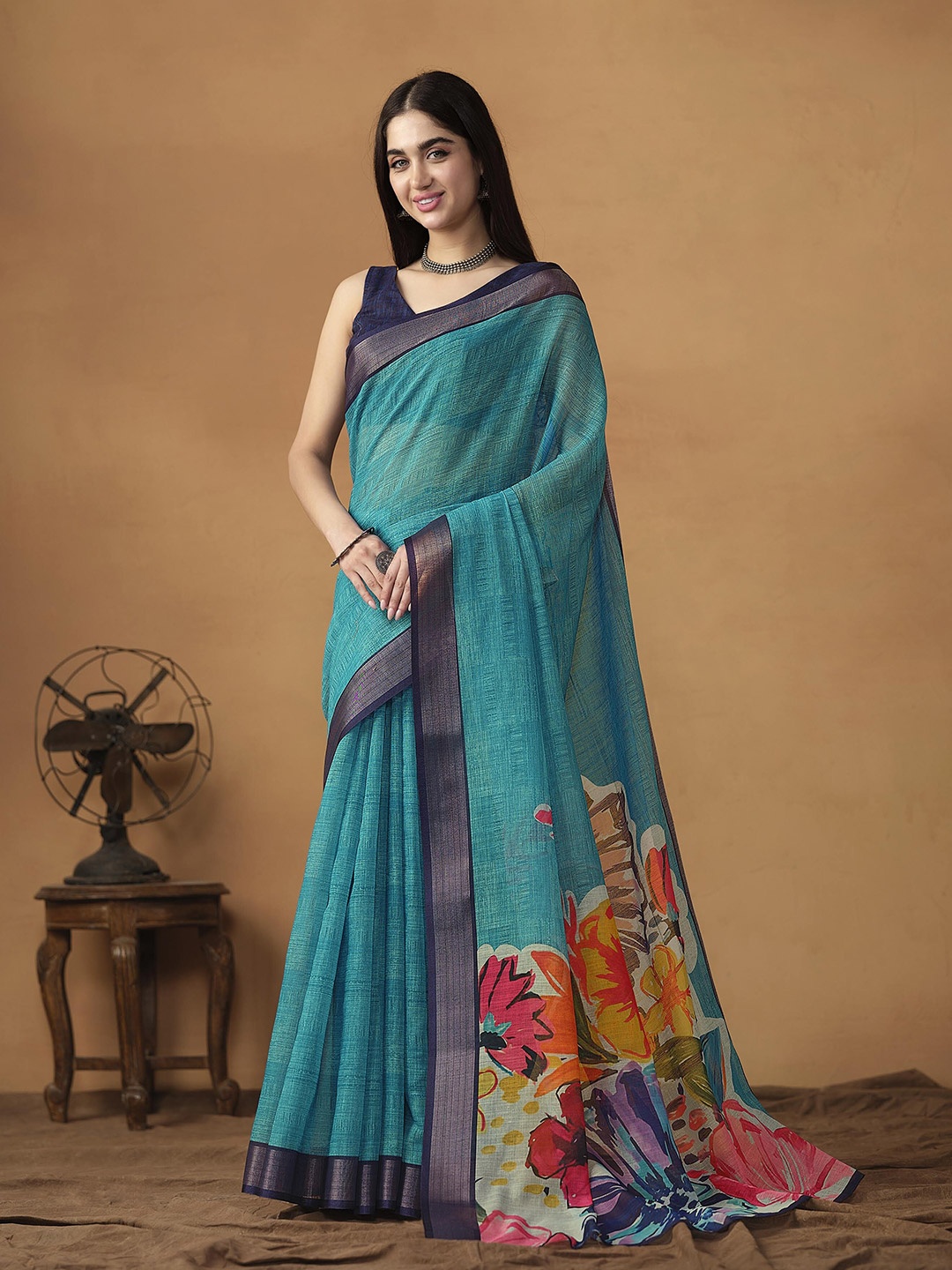 

RACHNA Floral Block Print Saree, Blue