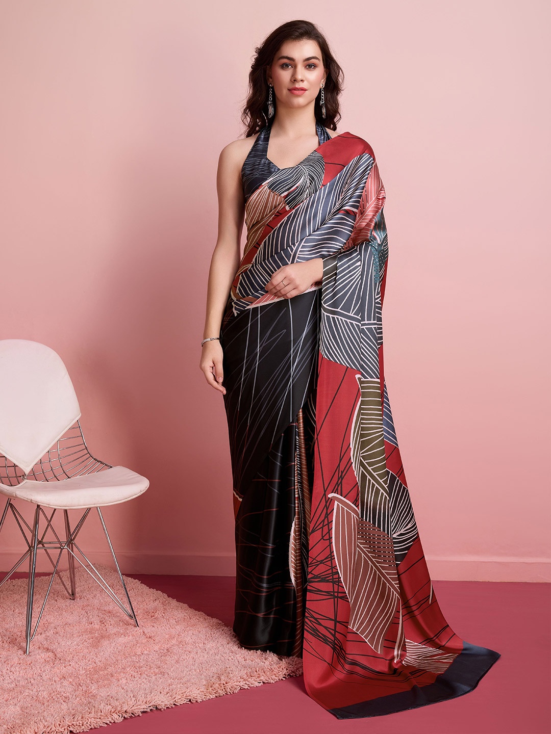 

RACHNA Abstract Block Print Satin Saree, Red