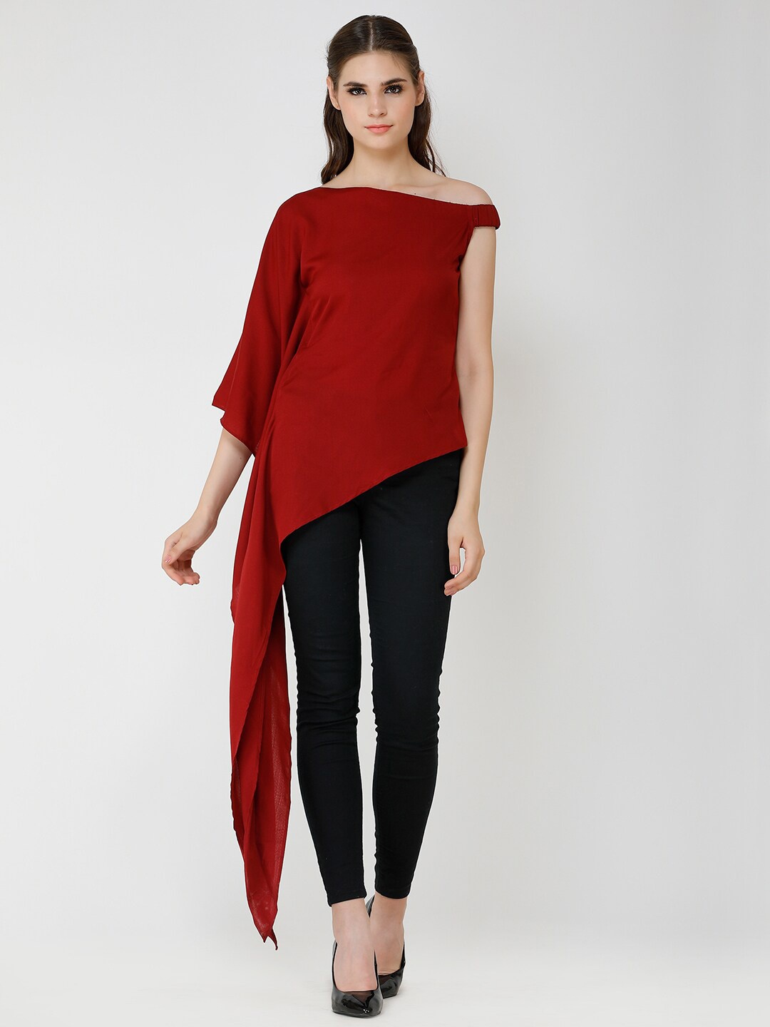 

BAESD One Shoulder Kimono Sleeve Crepe High-Low Longline Top, Maroon