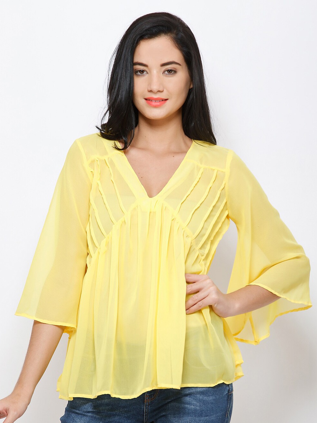 

BAESD Flared Sleeve Georgette Pleated Empire Top, Yellow