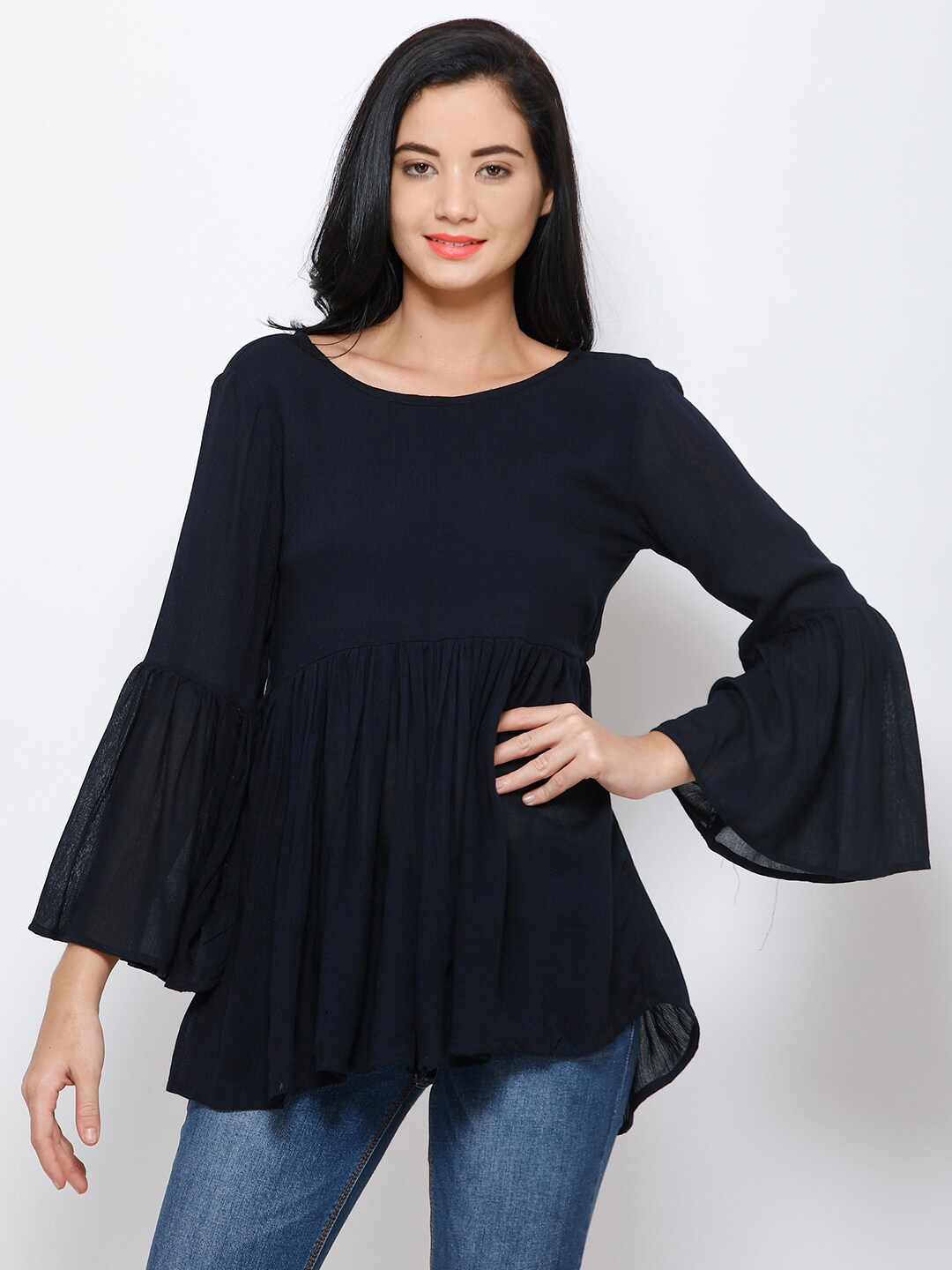 

BAESD Bell Sleeve Crepe Longline Top, Navy blue