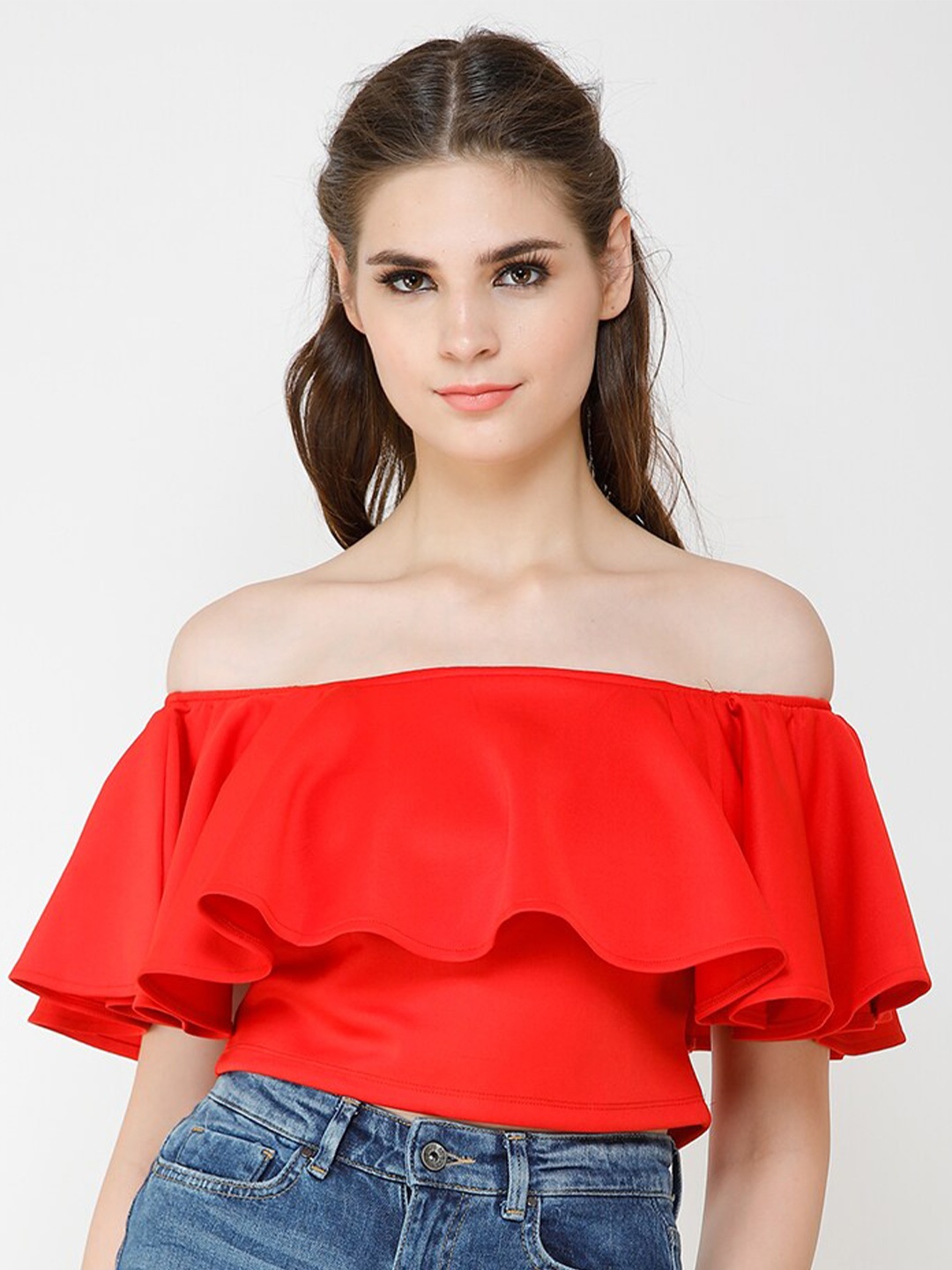 

BAESD Off-Shoulder Flutter Sleeves Cotton Bardot Crop Top, Red