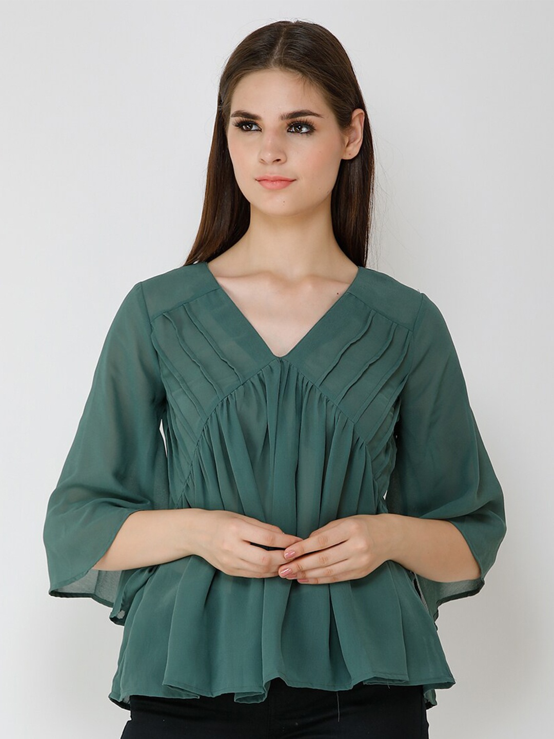 

BAESD Flared Sleeve Georgette A-Line Top, Green