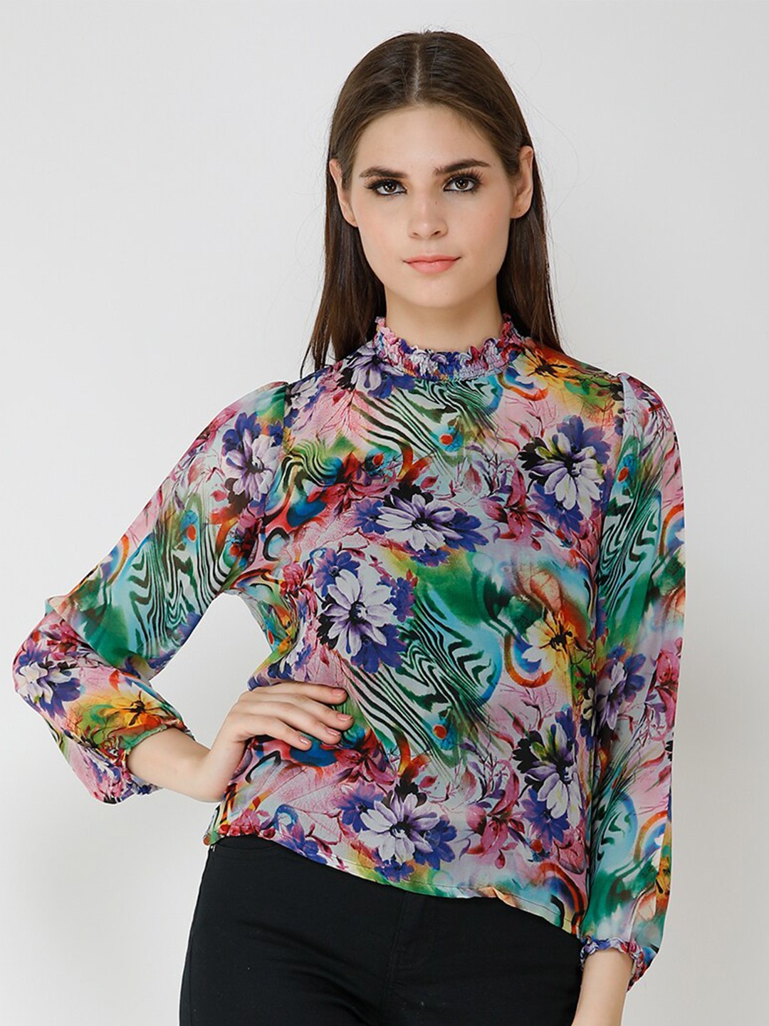 

BAESD Floral Print Georgette Fitted Top, Pink