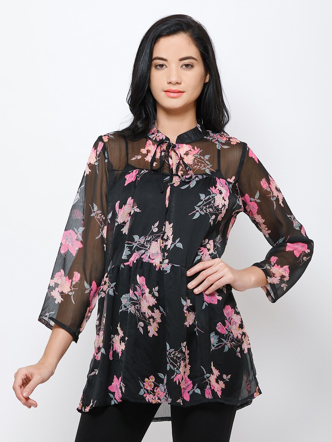 

BAESD Floral Print Tie-Up Neck Chiffon Shirt Style Longline Top, Black