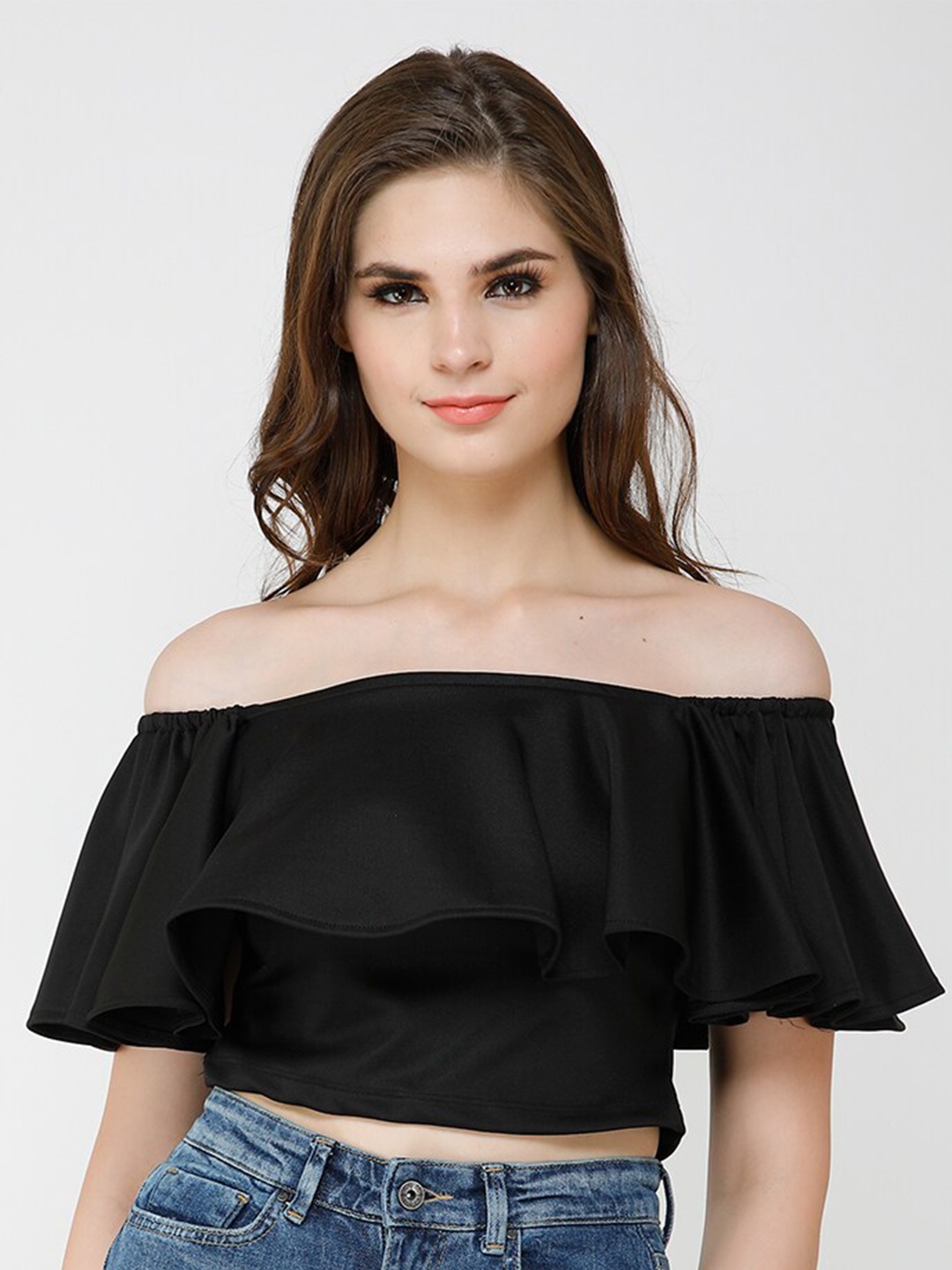 

BAESD Off-Shoulder Flutter Sleeves Cotton Bardot Crop Top, Black