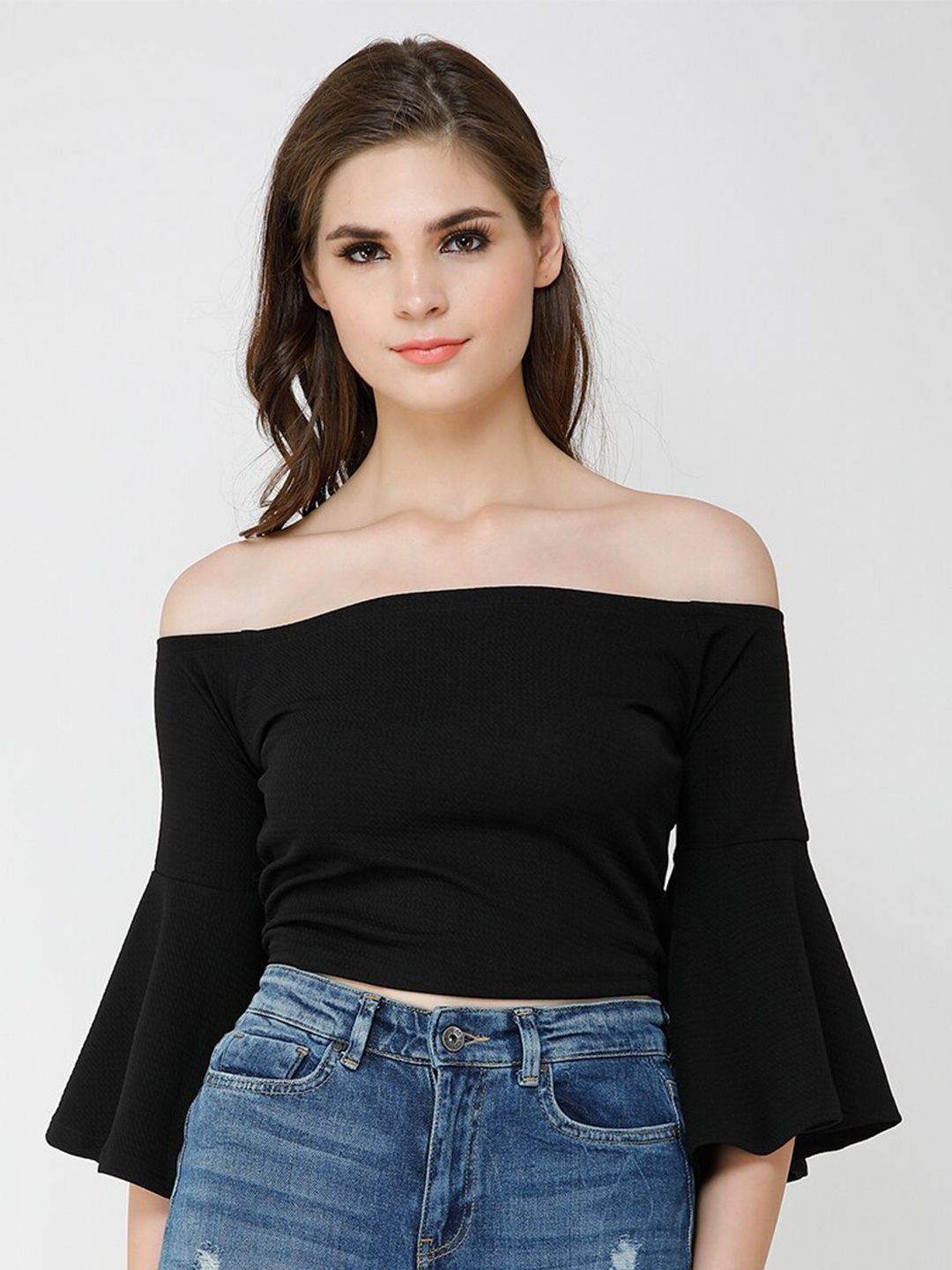 

BAESD Off-Shoulder Bell Sleeve Bardot Crop Top, Black