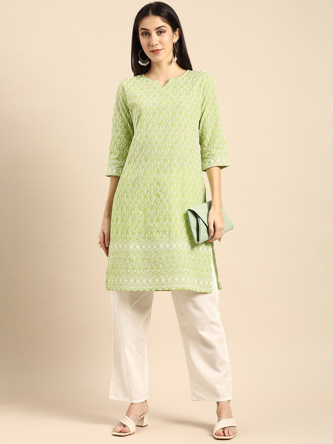 

Marabout Ethnic Motifs Embroidered Thread Work Pure Cotton Thread Work Strigth Kurti, Green