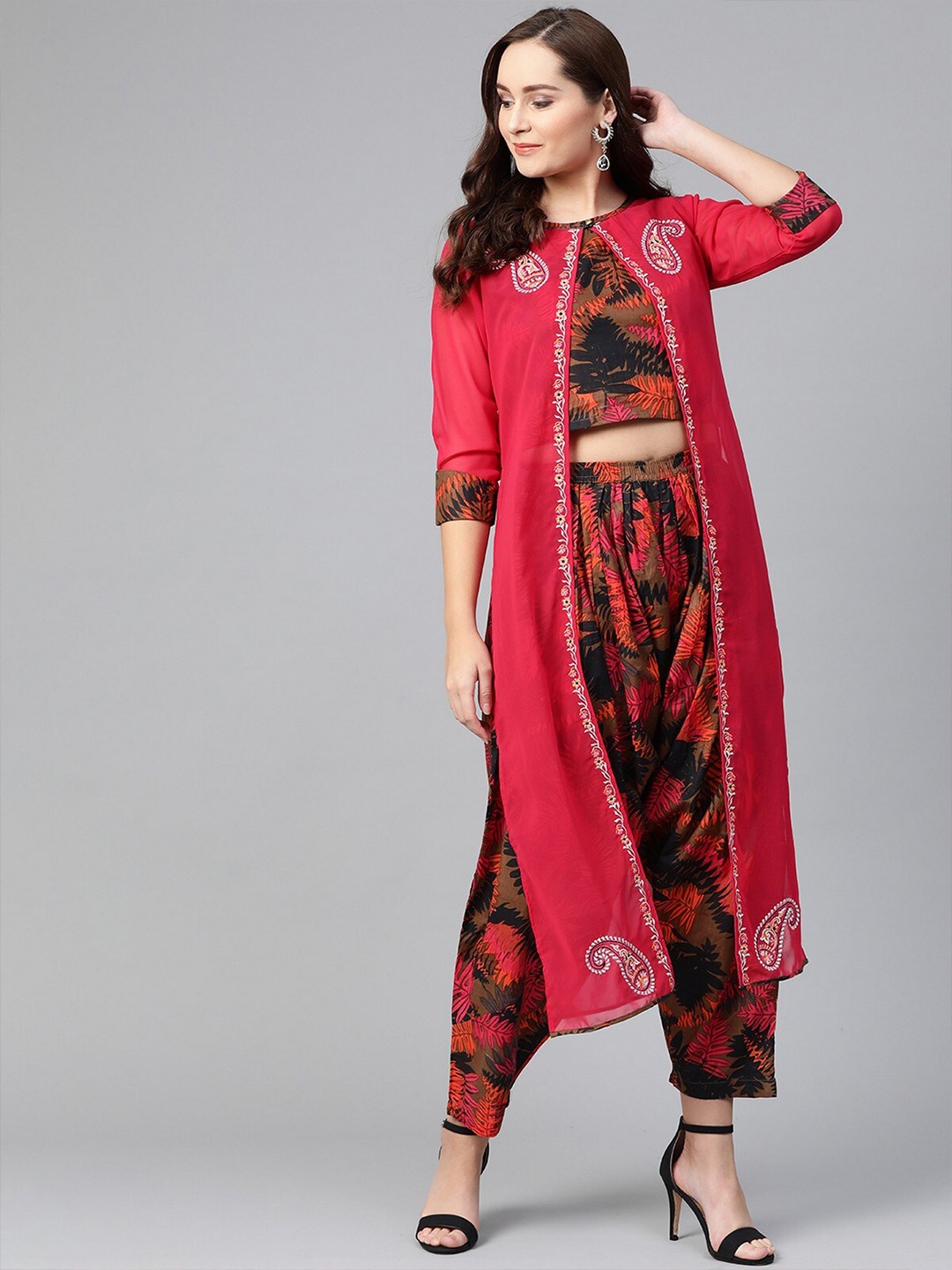 

Pannkh Printed Top With Pant & Jacket Co-Ords Set, Pink