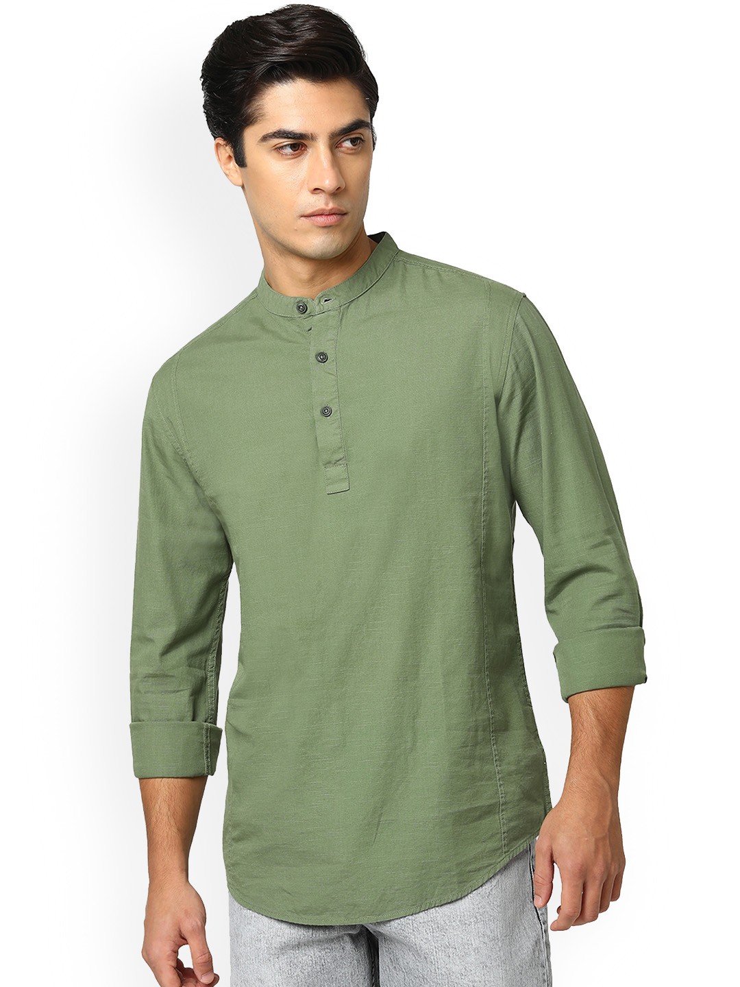 

Blue Buddha Mandarin Collar Cotton Kurta, Olive