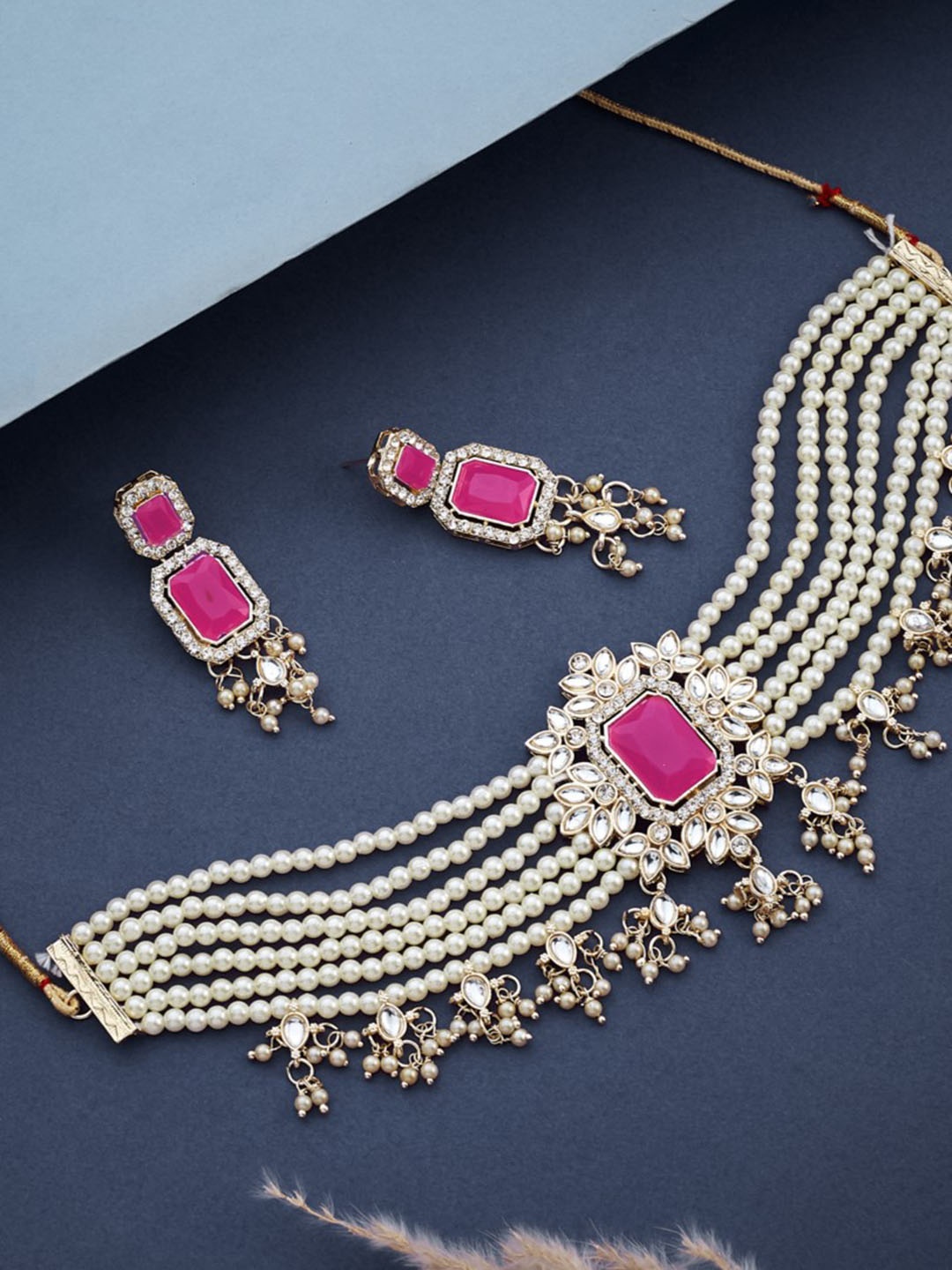 

ATIBELLE Gold-Plated Artificial-Stones Studded & Beaded Necklace and Earrings