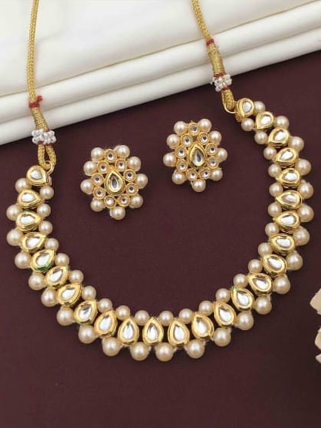 

ATIBELLE Gold-Plated Kundan-Stones Studded & Pearl Beaded Necklace & Earrings