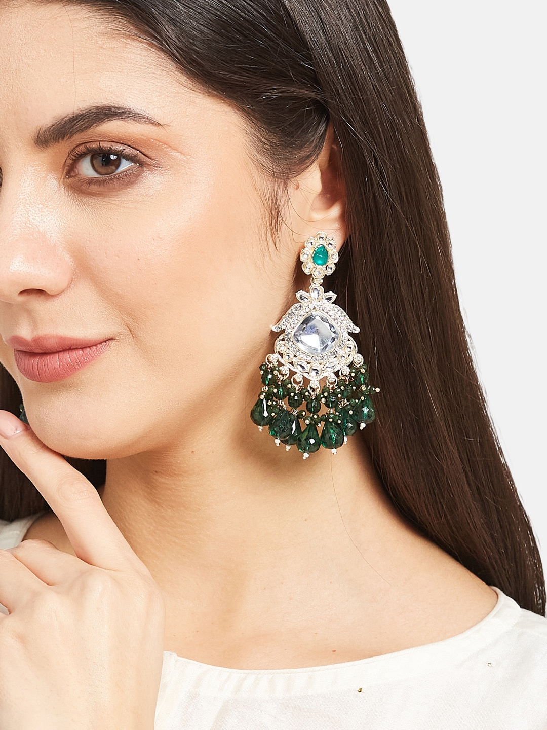 

ATIBELLE Gold-Plated Kundan-Studded & Beaded Contemporary Drop Earrings