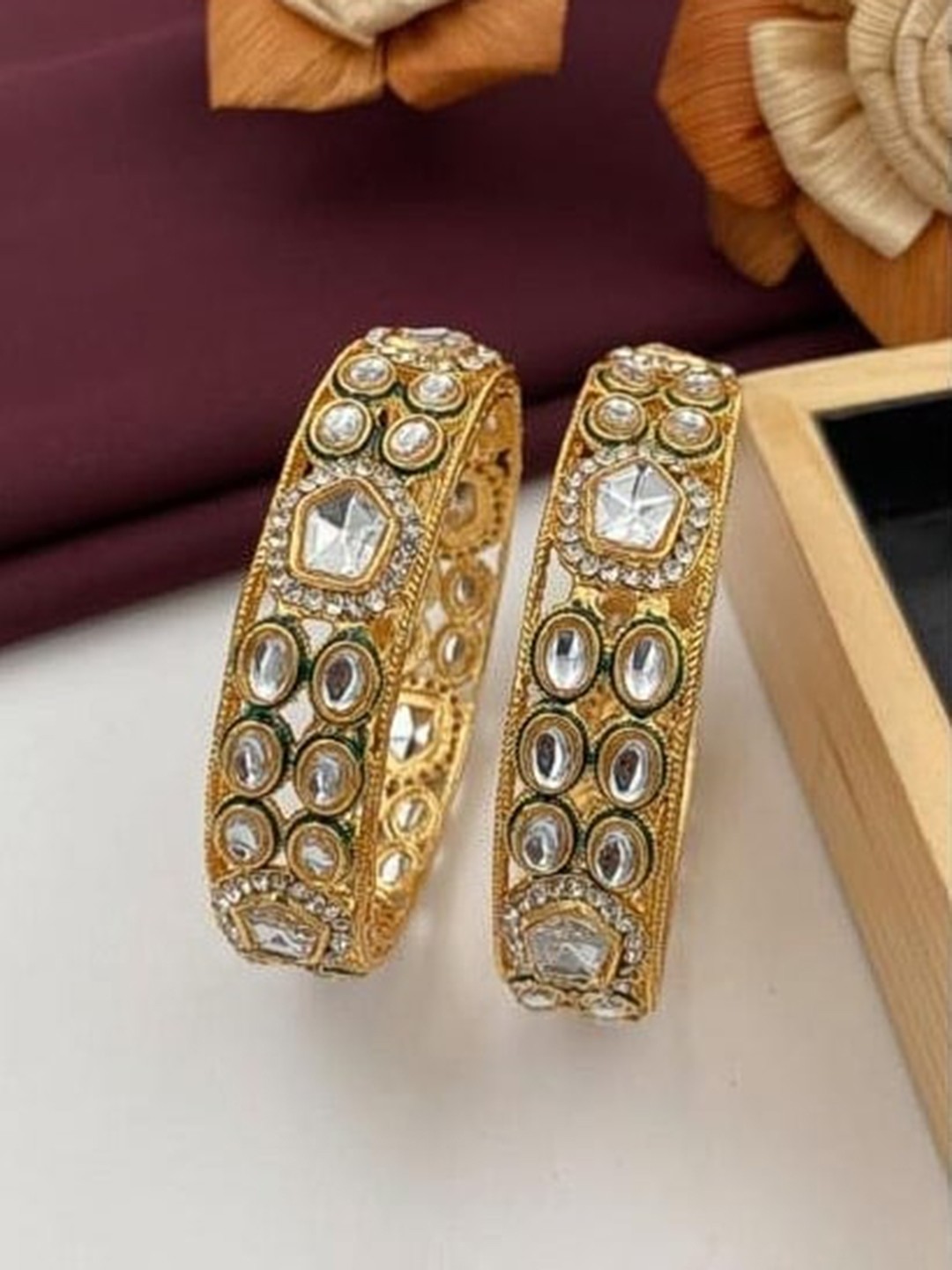 

ATIBELLE Set Of 2 Gold-Plated Kundan-Studded Bangles
