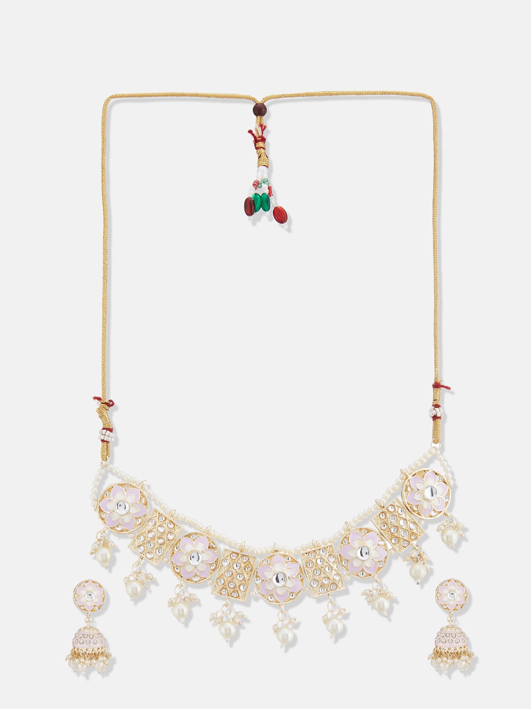 

ATIBELLE Gold-Plated Stones Studded & Beaded Meenakari Necklace and Earrings & Maang Tika