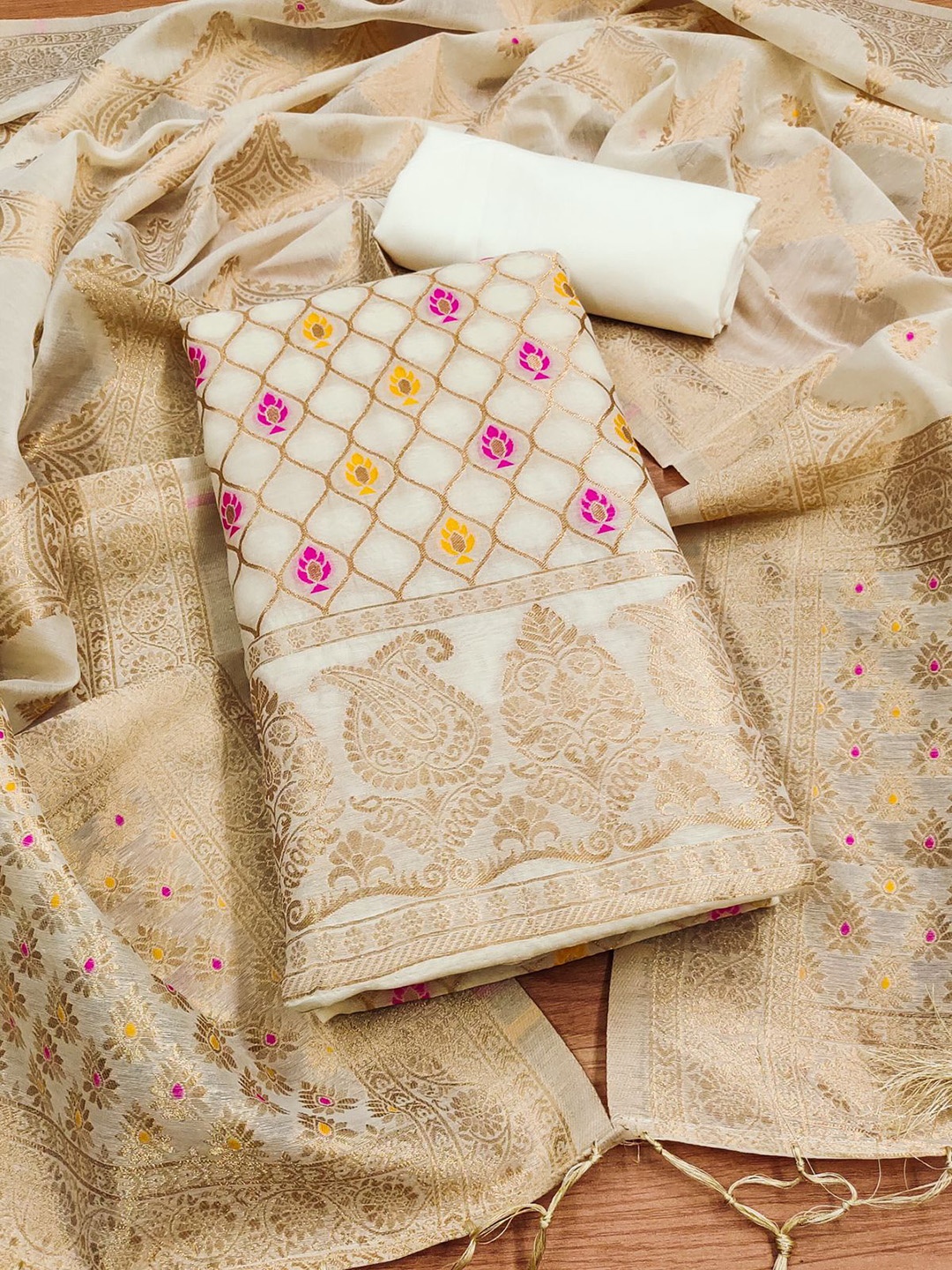 

Apaapi Threads of glory Ethnic Motifs Woven Design Unstitched Dress Material, White
