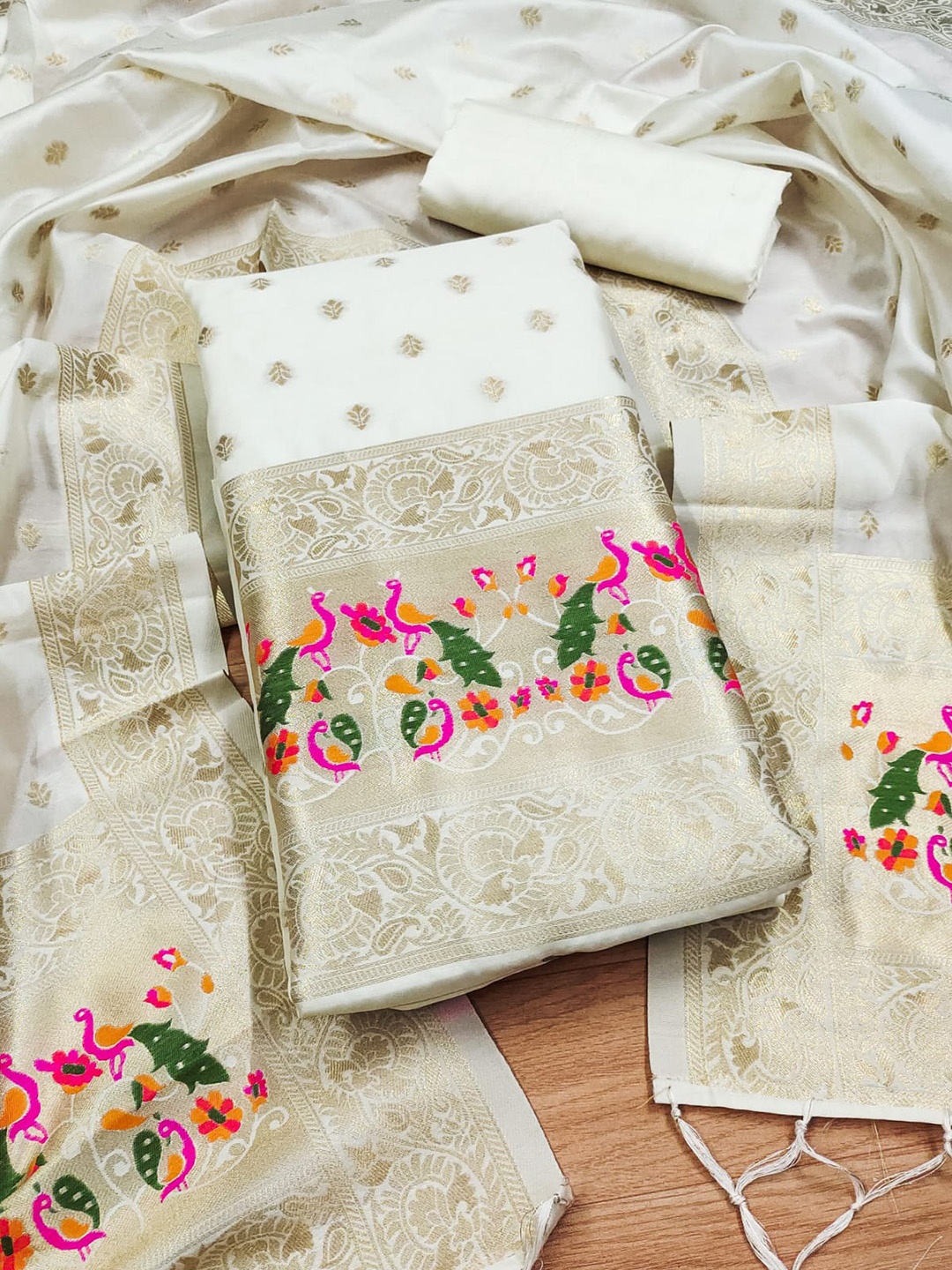

Apaapi Threads of glory Ethnic Motifs Woven Design Unstitched Dress Material, White