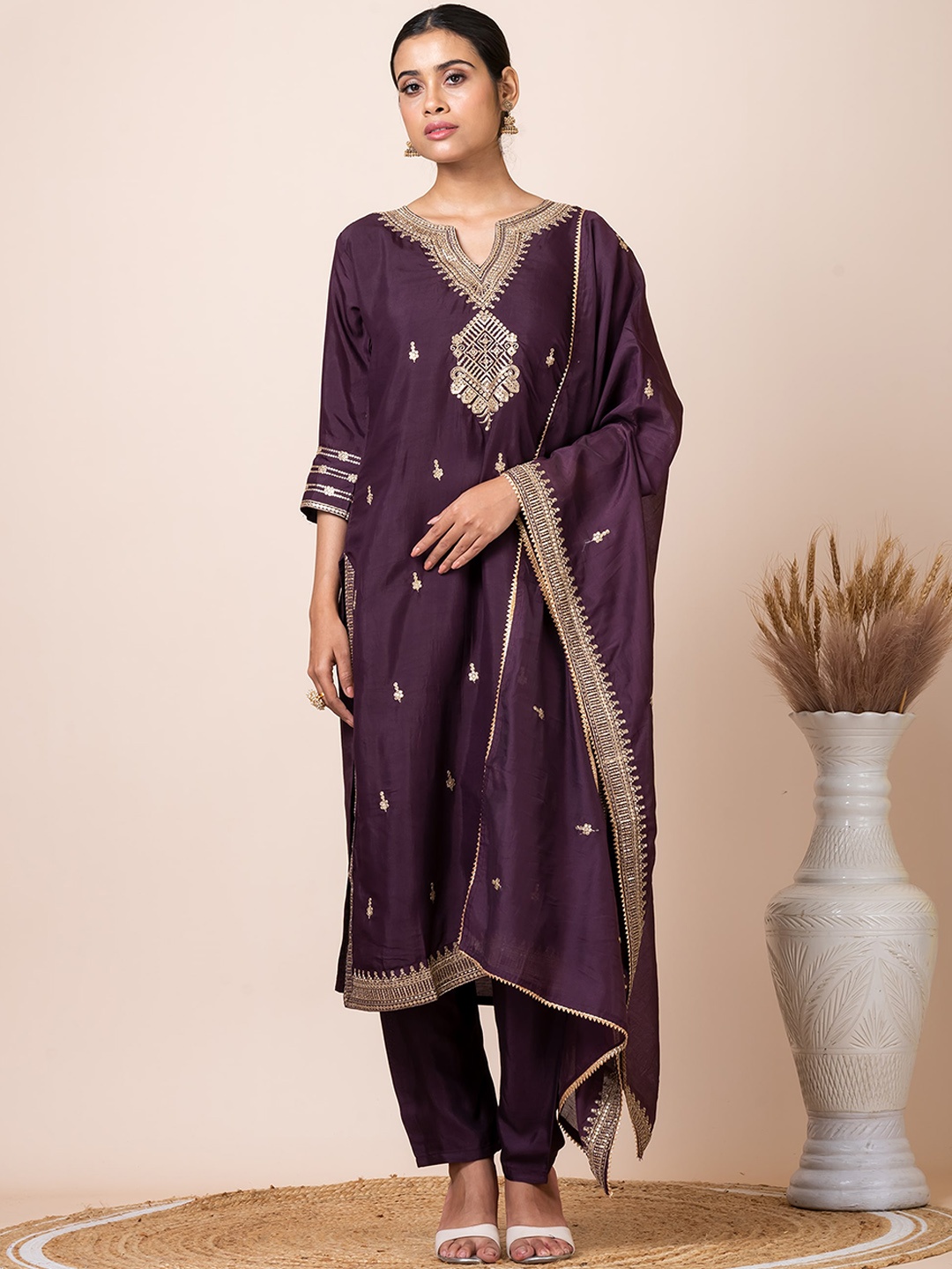 

SARSO Ethnic Motifs Embroidered Regular Kurta with Trousers & With Dupatta, Purple