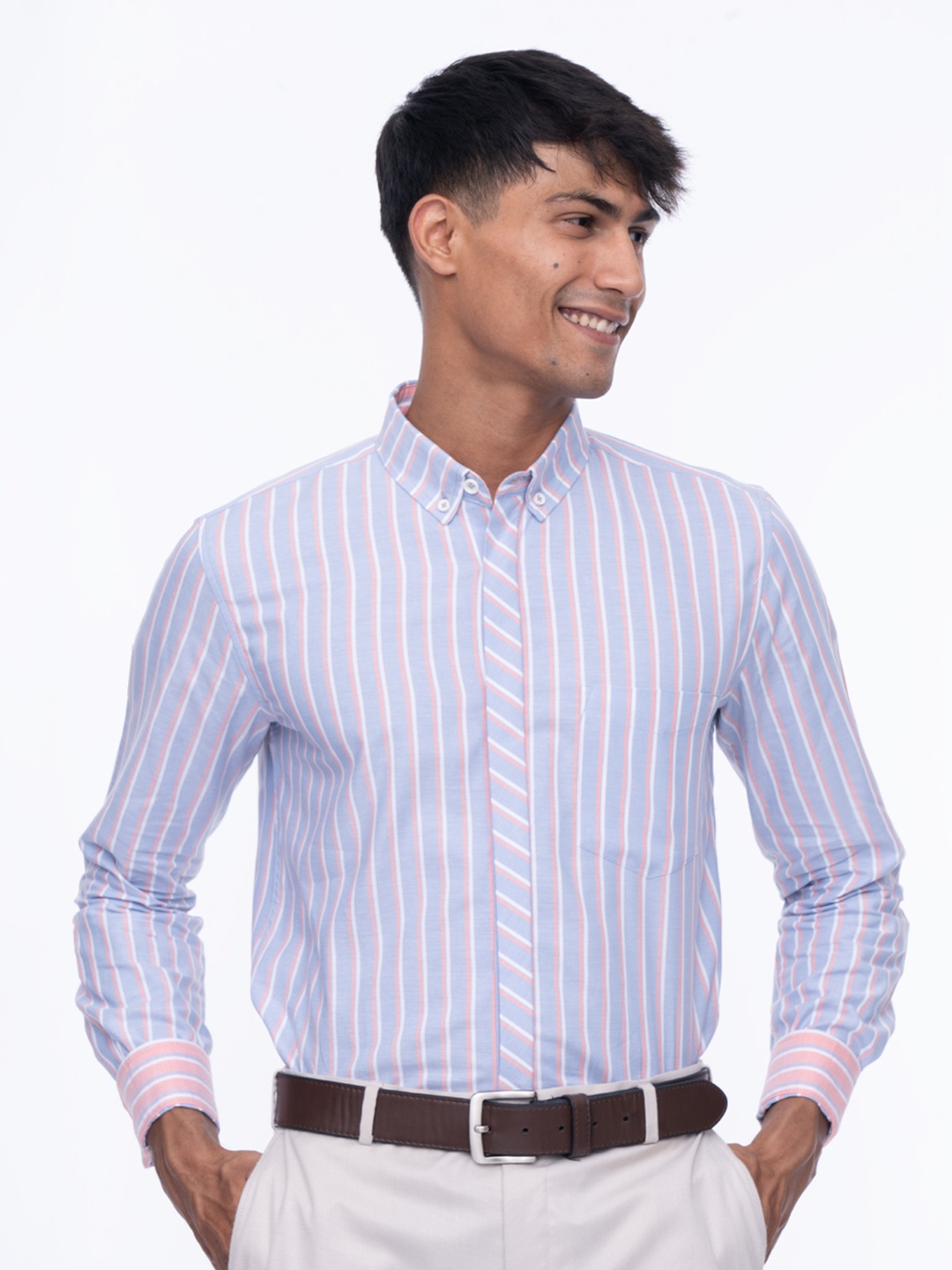 Wellbi Men Pure Cotton Striped Classic Shirt, Blue