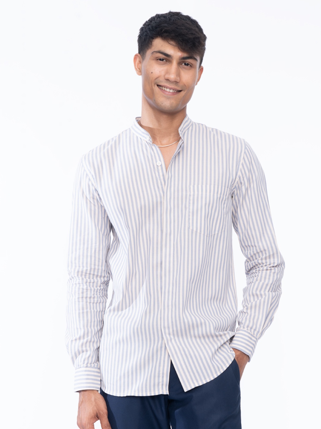 

Wellbi Men Pure Cotton Striped Mandarin Shirt, Blue