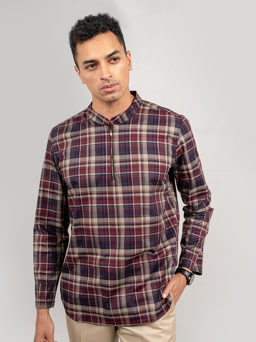 

Wellbi Men Pure Cotton Checked Zipper Shirt, Burgundy