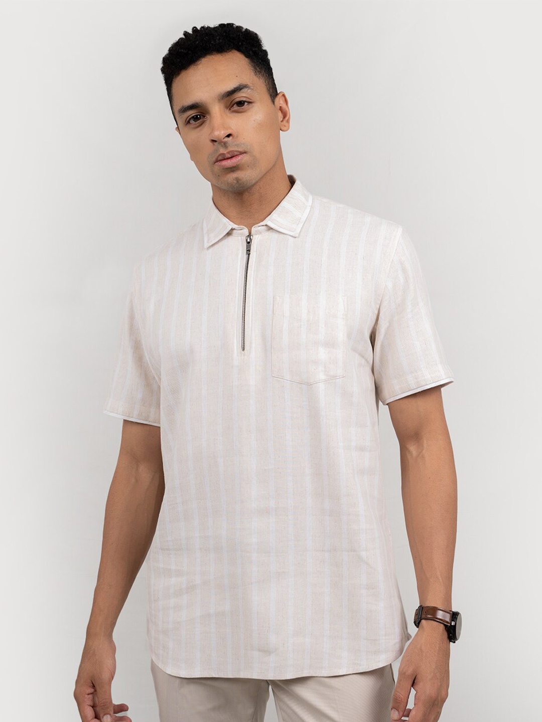 

Wellbi Men Pure Cotton Striped Zipper Shirt, Beige